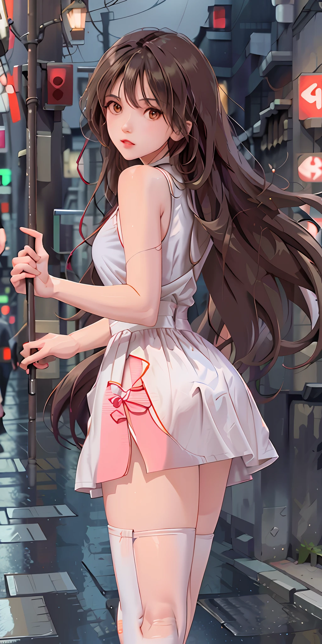 (Best quality, masterpiece: 1.3), 1 girl, rainy day, fog, alley, umbrella, looking at the audience, facing the photo, cyberpunk city, alone in an alley, neon lights in an alley, very reflective city, long hair, large and small strands of hair through an alley, bar, japan, Tokyo, garter belt on one leg, knee pads on the other, perfect hands, sophisticated, night, dress, shorts, tank top, white clothes