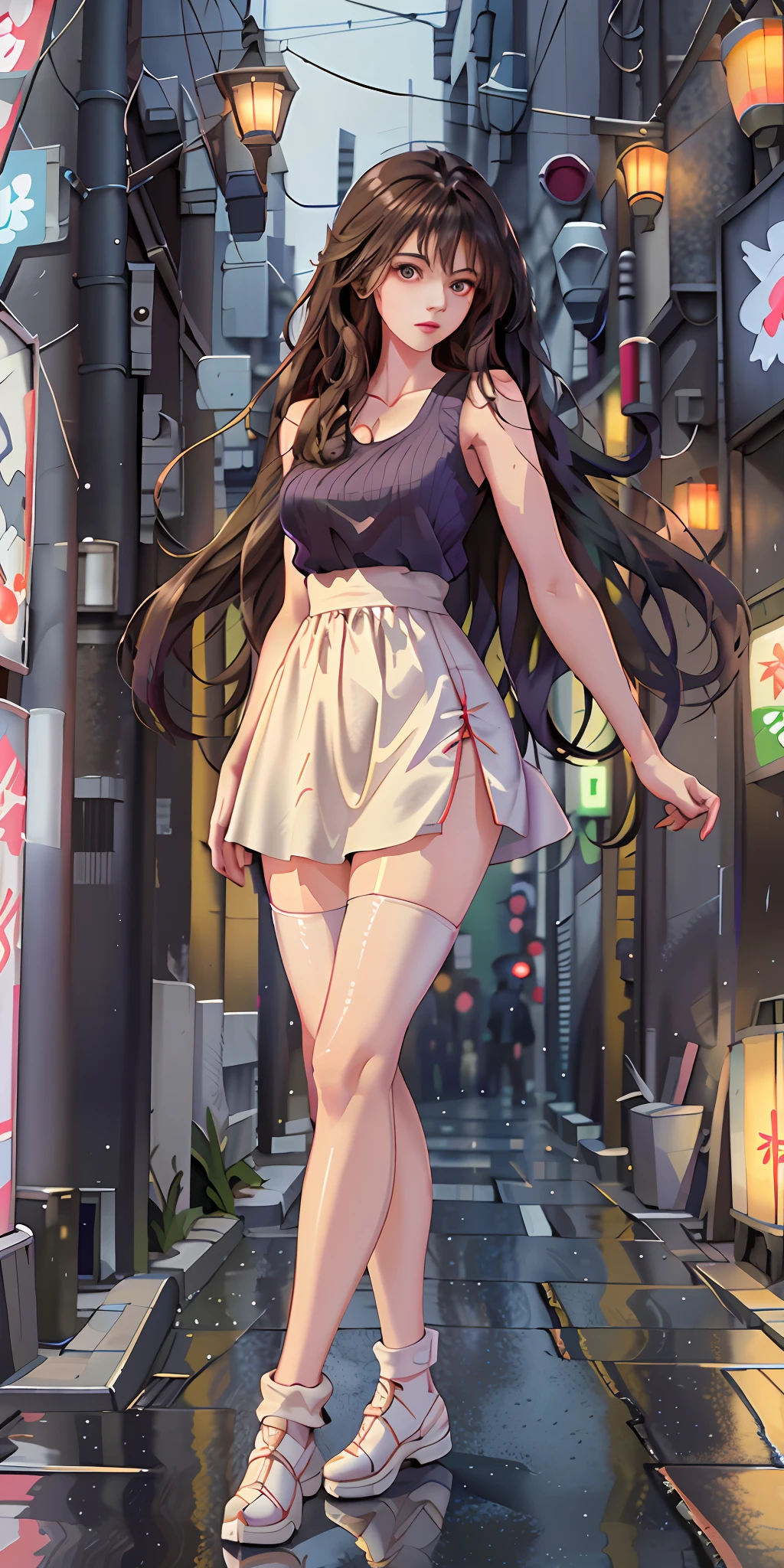 (Best quality, masterpiece: 1.3), 1 girl, rainy day, fog, alley, umbrella, looking at the audience, facing the photo, cyberpunk city, alone in an alley, neon lights in an alley, very reflective city, long hair, large and small strands of hair through an alley, bar, japan, Tokyo, garter belt on one leg, knee pads on the other, perfect hands, sophisticated, night, dress, shorts, tank top, white clothes