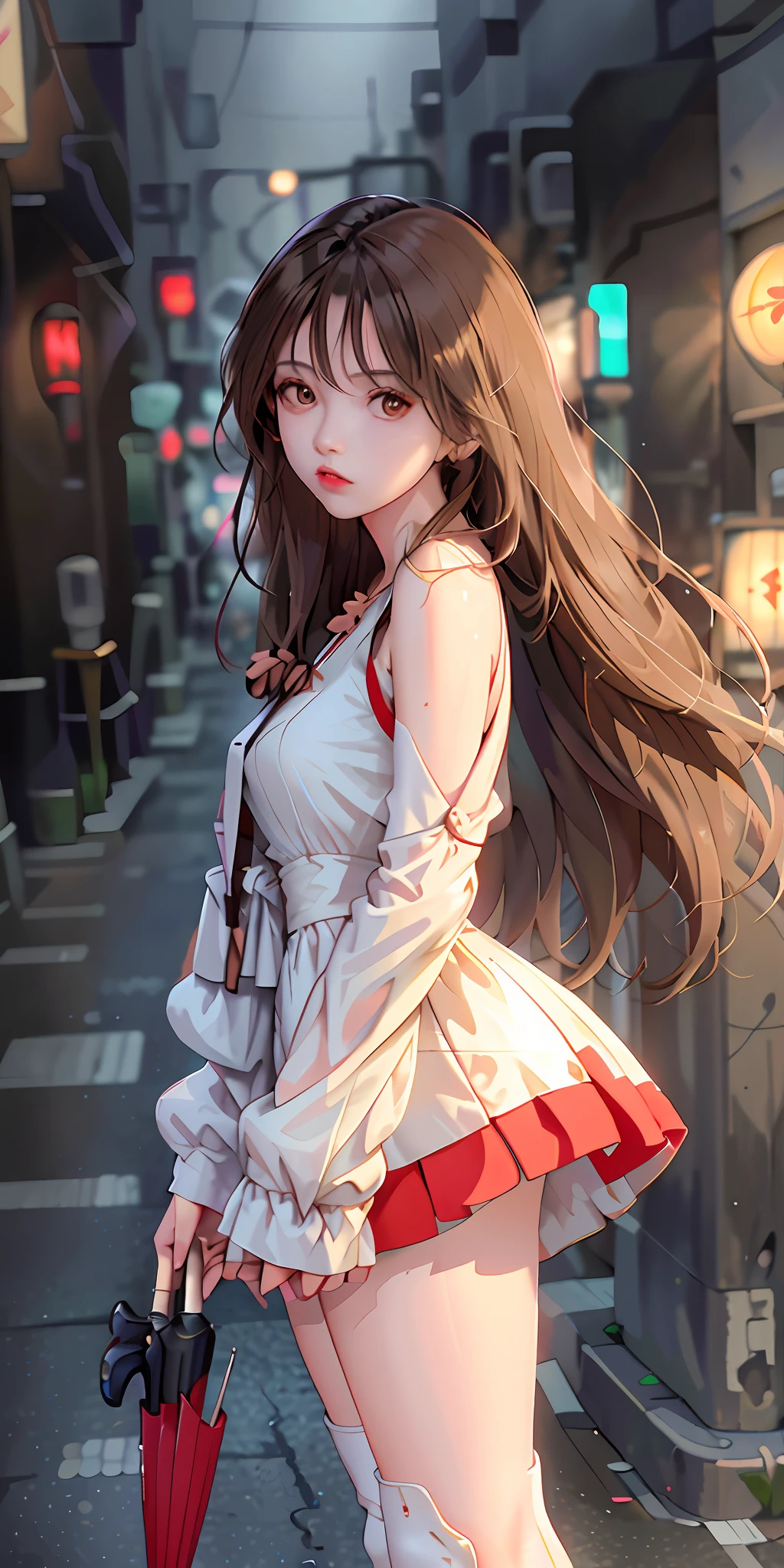 (Best quality, masterpiece: 1.3), 1 girl, rainy day, fog, alley, umbrella, looking at the audience, facing the photo, cyberpunk city, alone in an alley, neon lights in an alley, very reflective city, long hair, large and small strands of hair through an alley, bar, japan, Tokyo, garter belt on one leg, knee pads on the other, perfect hands, sophisticated, night, dress, shorts, tank top, white clothes