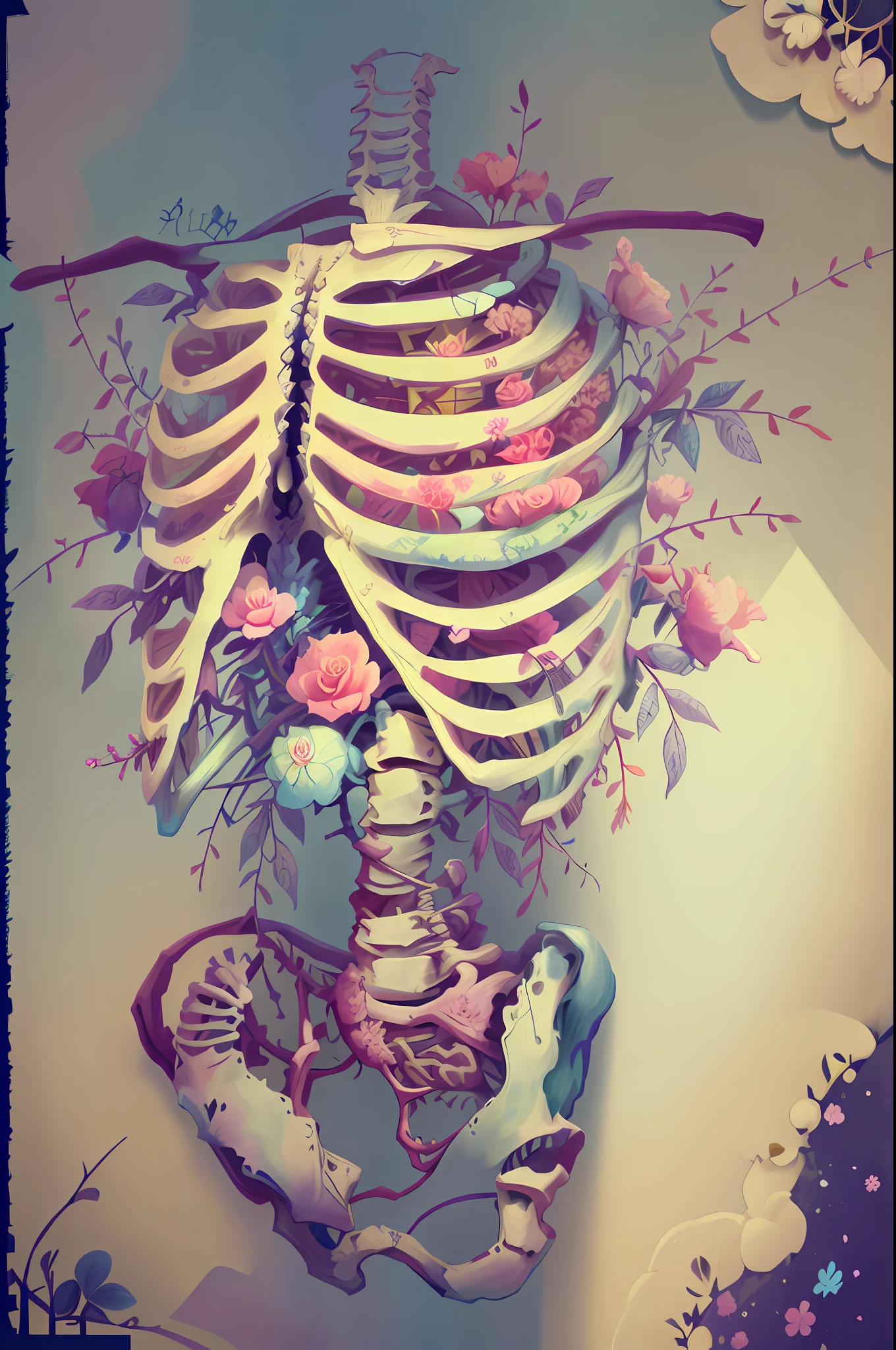 a drawing of a skeleton with roses on it's chest, ribcage, flowers grow from the body, rib cage, rib cage exposed, bones and veins, flowers growing out of his body, anatomically perfect, anatomical perfection, half woman half skeleton, anatomical art, anatomically accurate, love and death, life and death mixing together, thin skeleton, FairytaleAI