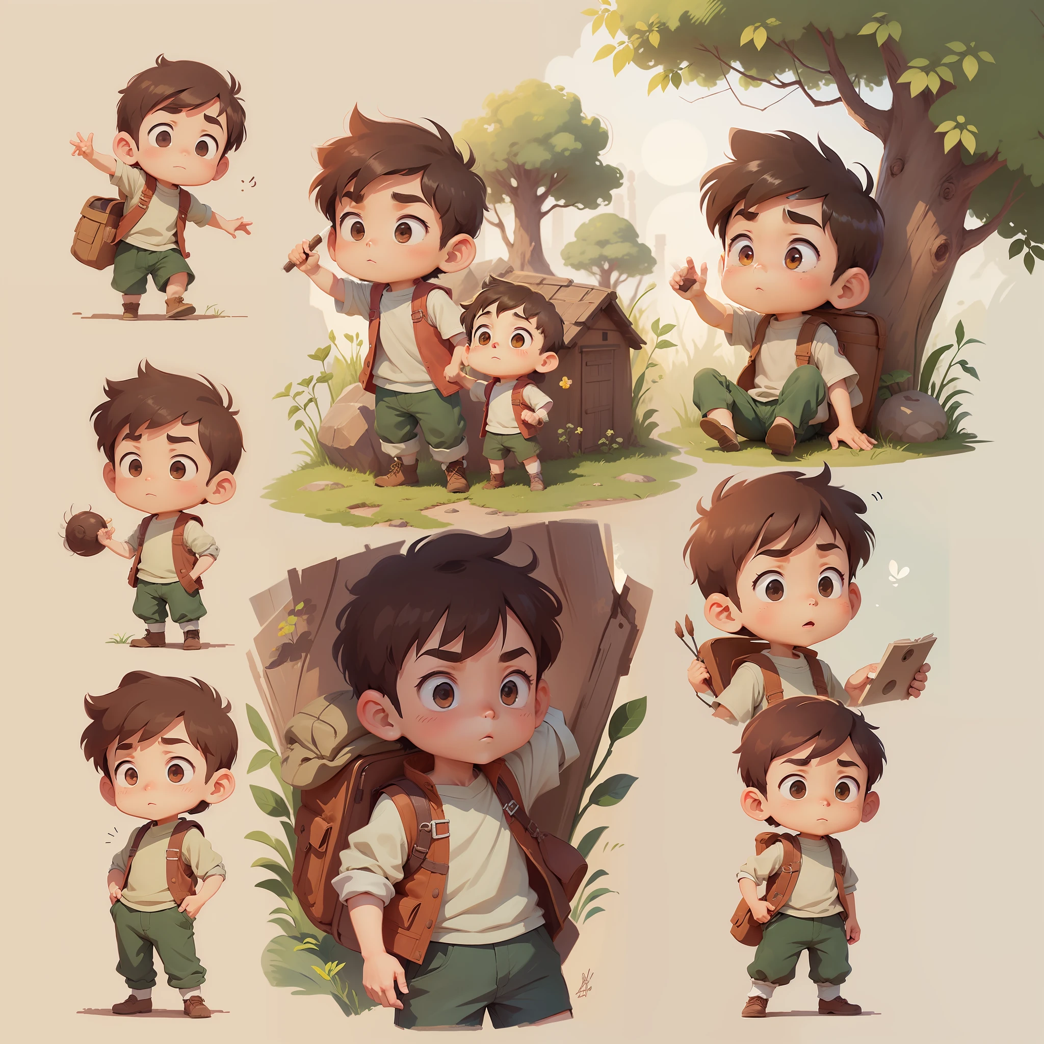 boy, different angles, character model, same outfit in the three positions, same clothes, ghibli style, chibi, different positions, adventurer, all clothes with the same color