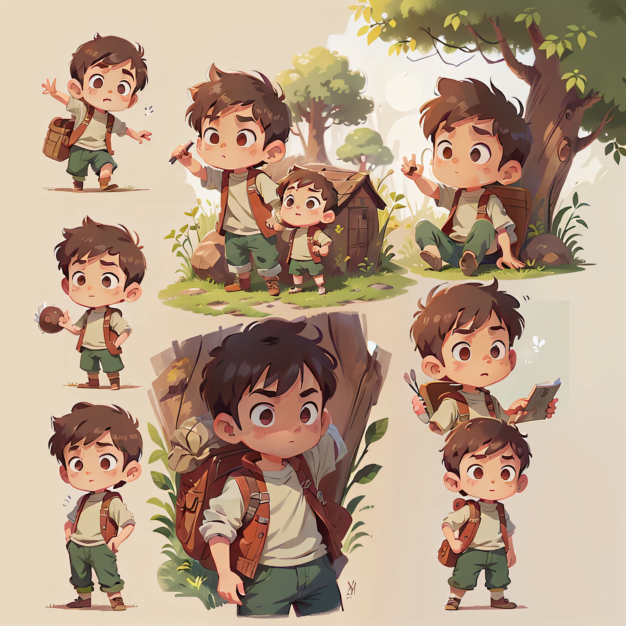 boy, different angles, character model, same outfit in the three positions, same clothes, ghibli style, chibi, different positions, adventurer, all clothes with the same color