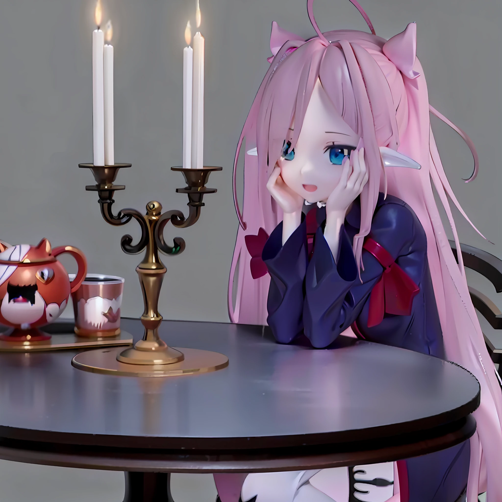 ultra-realistic 3D anime shading and 3D anime figures as much as possible, realistic shading, anime figurine rendering, candlelight date, light falling on the left, candles, yellow candlelight from candles, yellow date atmosphere, romantic atmosphere, contrasting gentle shadows, full art, full art rendering