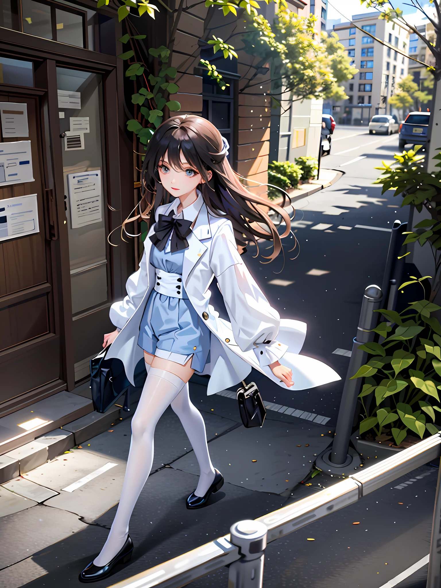 Elegant woman standing on sidewalk, hands ruffling hair, wearing blue shirt and white suit, shorts, ((black stockings)), city street fashion, very nice slim legs, beautiful face, natural light, outdoor light