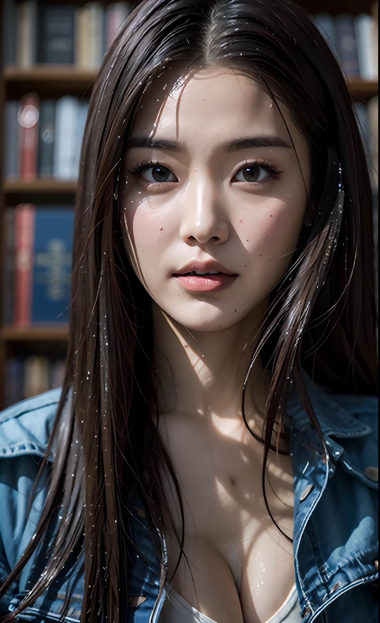 (wet: 0.1), (close-up), perfect, perfect, wet, rain and perfect body, best quality, masterpiece, super high resolution, original photo, (realism: 1.4), 1 girl, detailed face, denim shoot, jeans, crop top, jeans, (narrow waist: 1.2), long hair, deep two rows of bookshelves in the library, blurred background, beautiful lighting, model posing, low cut, seductive, short skirt, denim skirt, big breasts, full body