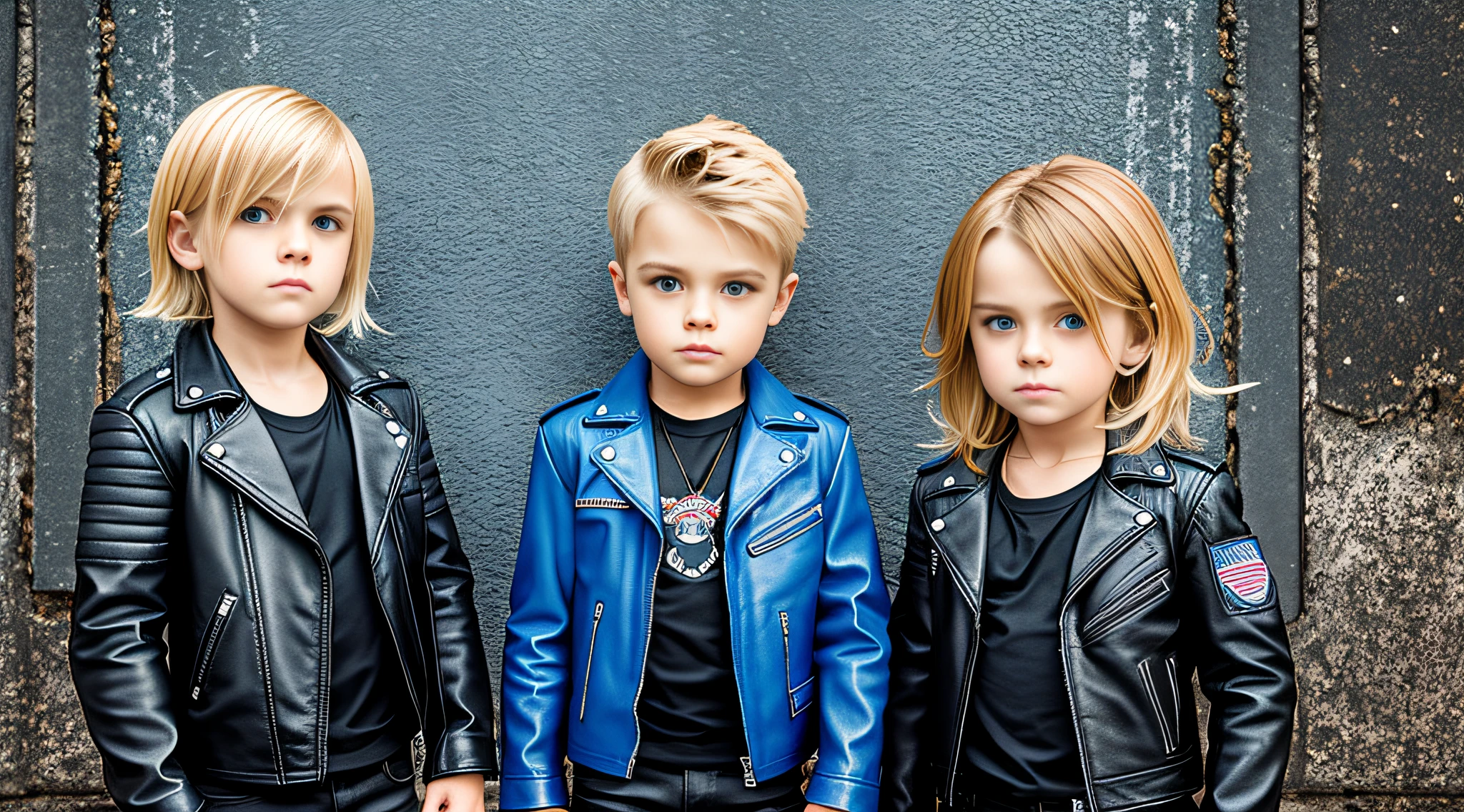 three in leather jackets standing in front of a petroleum blue background, leather clothes, leather clothes, Next Gen, fancy leather clothes, leather jackets, leather clothes and boots, dressed in biker leather, Chucky style, leather robes, blue and black color scheme)), wearing leather, blue and black, Young thief of blonde boy costume, very intense, tight leather clothes --auto --s2