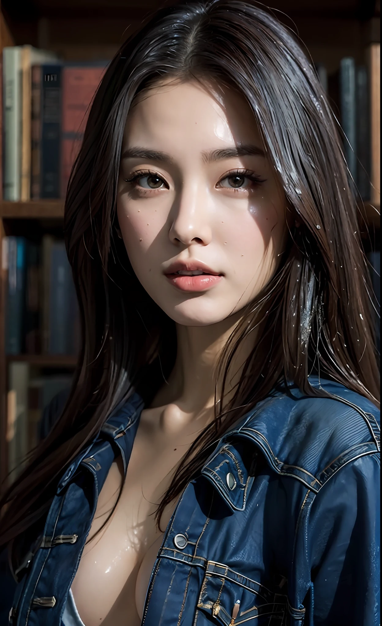 (wet: 0.1), (close-up), perfect, perfect, wet, rain and perfect body, best quality, masterpiece, super high resolution, original photo, (realism: 1.4), 1 girl, detailed face, denim shoot, jeans, crop top, jeans, (narrow waist: 1.2), long hair, deep two rows of bookshelves in the library, blurred background, beautiful lighting, model posing, low cut, seductive, short skirt, denim skirt, big breasts, upper body, full body