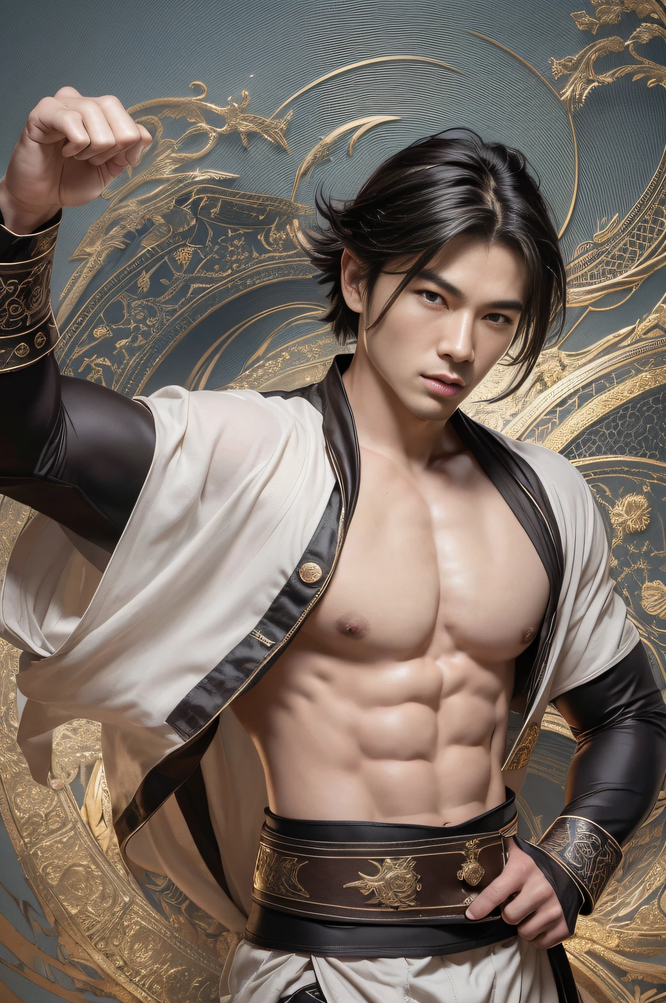 Best Quality, Masterpiece, Ultra High Resolution, (Realistic: 1.4), Xiuxian, Weapon, Detailed Face, .1 Boy, Solo, Weapon, , (Magic Circle: 1.2), Xiuxian, Upper Body, East Asian Architecture, Sheath, Architecture, (Absurd, High Resolution, Super Detailed), Asian, 1 male, eighteen year old boy, handsome, tall muscular man, broad shoulders, very short hair, bottom cut, dark brown eyes, fine eyes and detailed face, extremely detailed CG Unity 8k wallpaper, Intricate details, (style swirl magic: 0.7), looking at the audience, solo, (full body: 0.6), detailed background, detailed face, (European medieval fantasy theme: 1.1), hair fluttering in the wind, martial artist, dynamic pose, fighting stance, clenched fists, fingerless gloves, wristband, dragon-themed costume, monk robe, alpine mountain background, spinning floating particles, dynamic composition, upper body naked, large muscles, white rubber pants, ((((crotch bulge))))