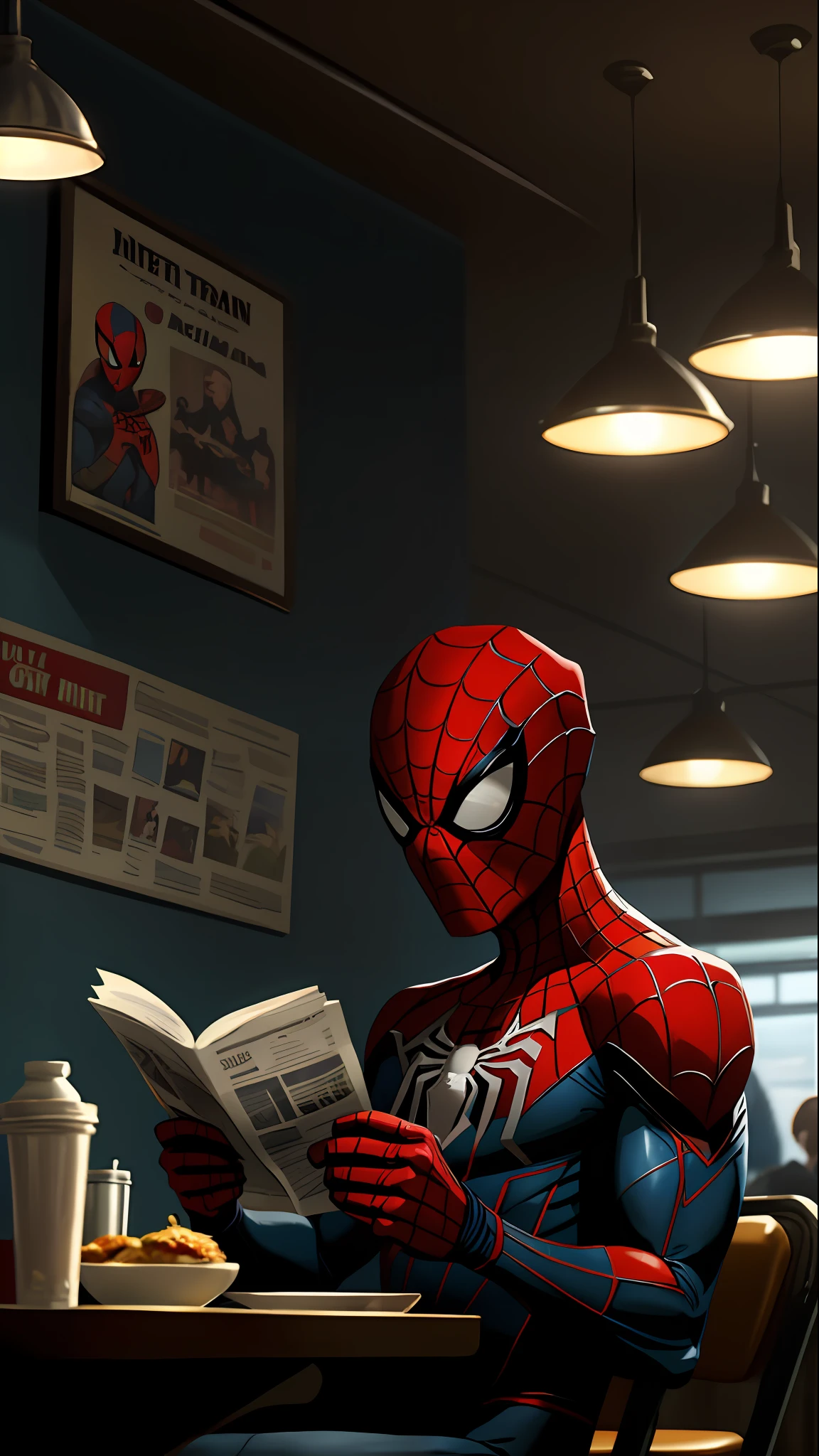 Masked Spider-Man reading (newspaper:0.8) in a diner, a still from a cinematic movie