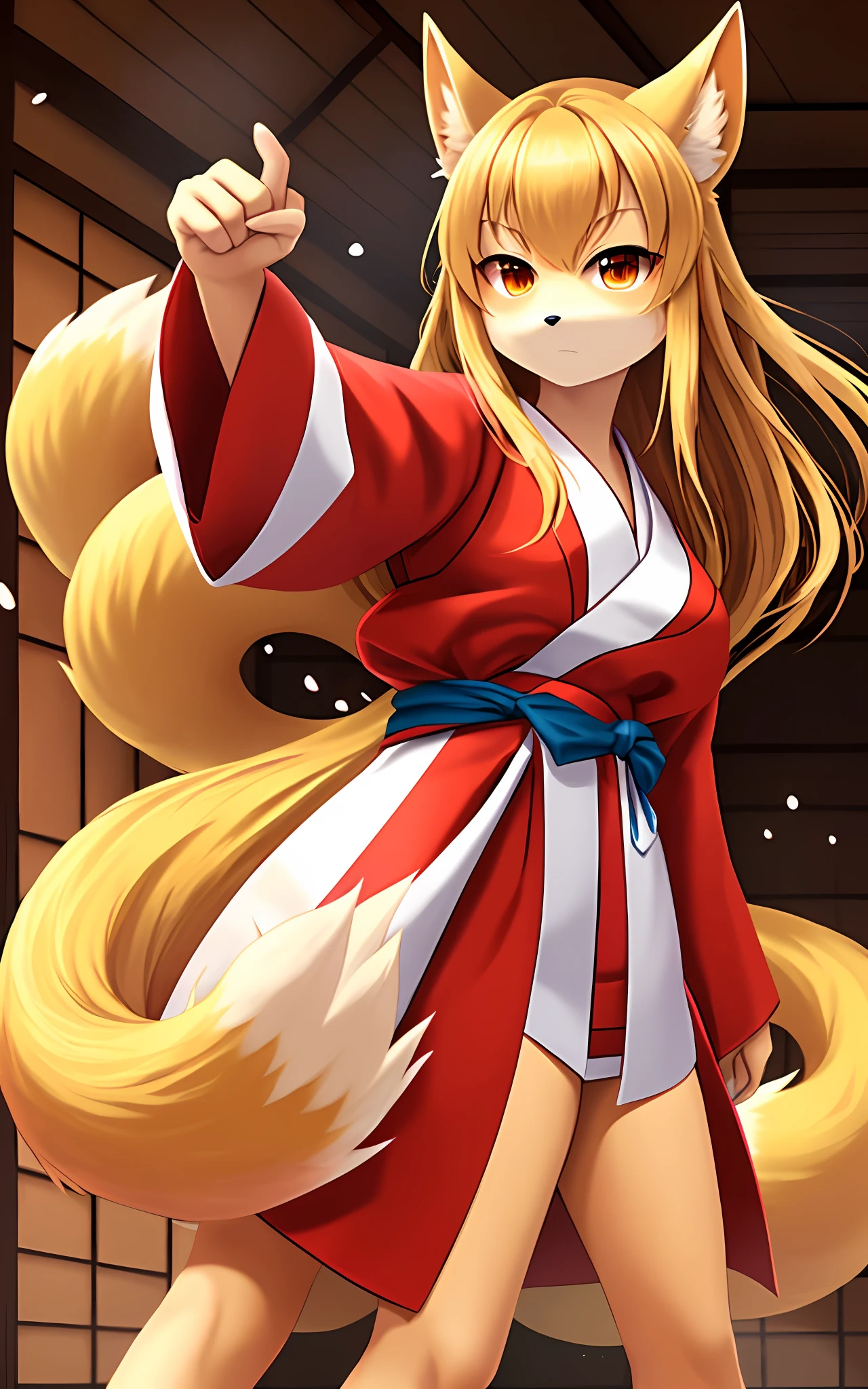 Furry, loaded in e621, beige fox girl [sharp focus], [questionable content], 1girl,standing, looking at viewer, fighting pose,9 tails, red and white Japanese kimono,light long hair,