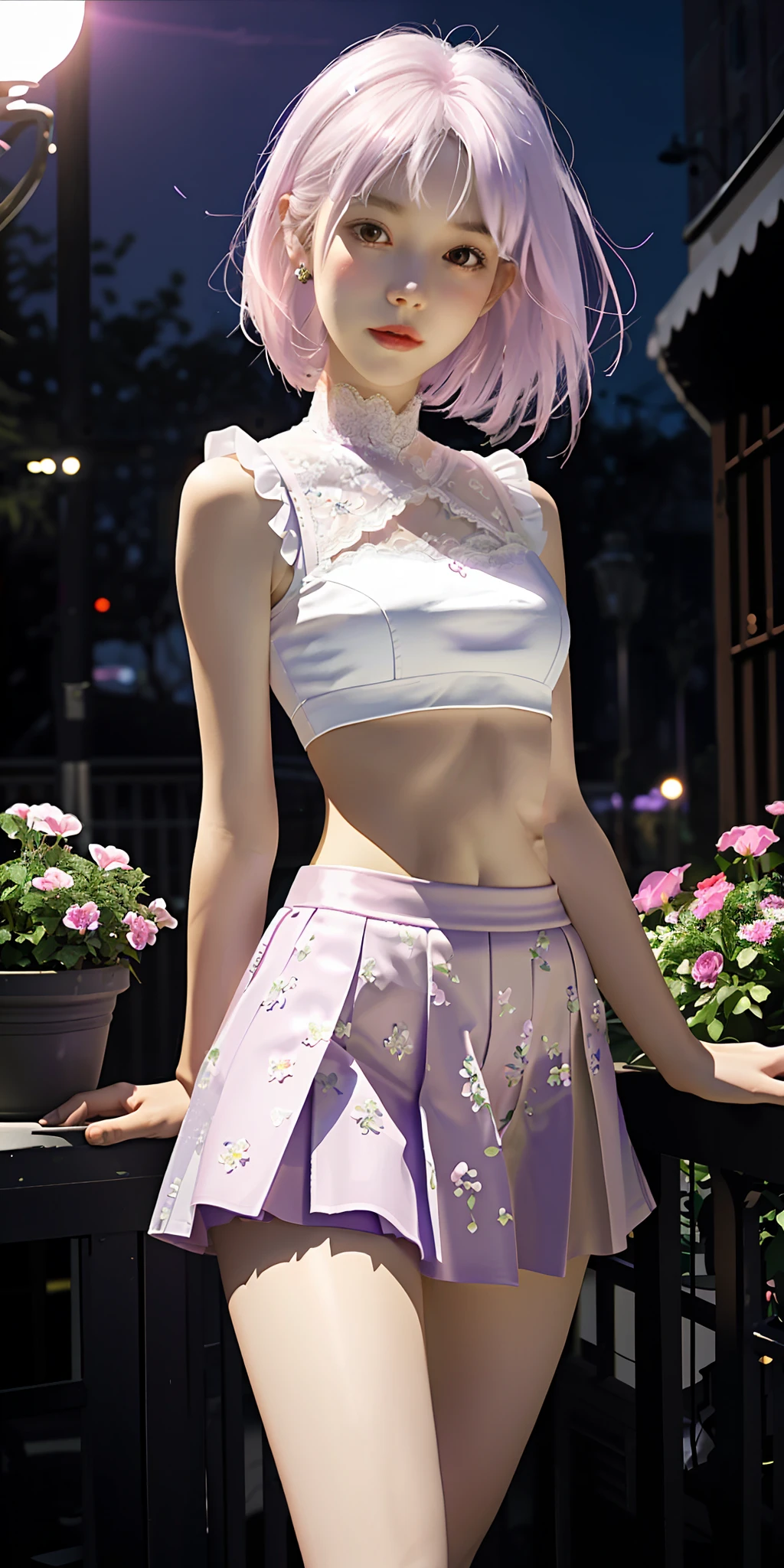 At night, the city is lit up, purple flower pots, pink skirts, white tops, lace transparent tops, short white hair