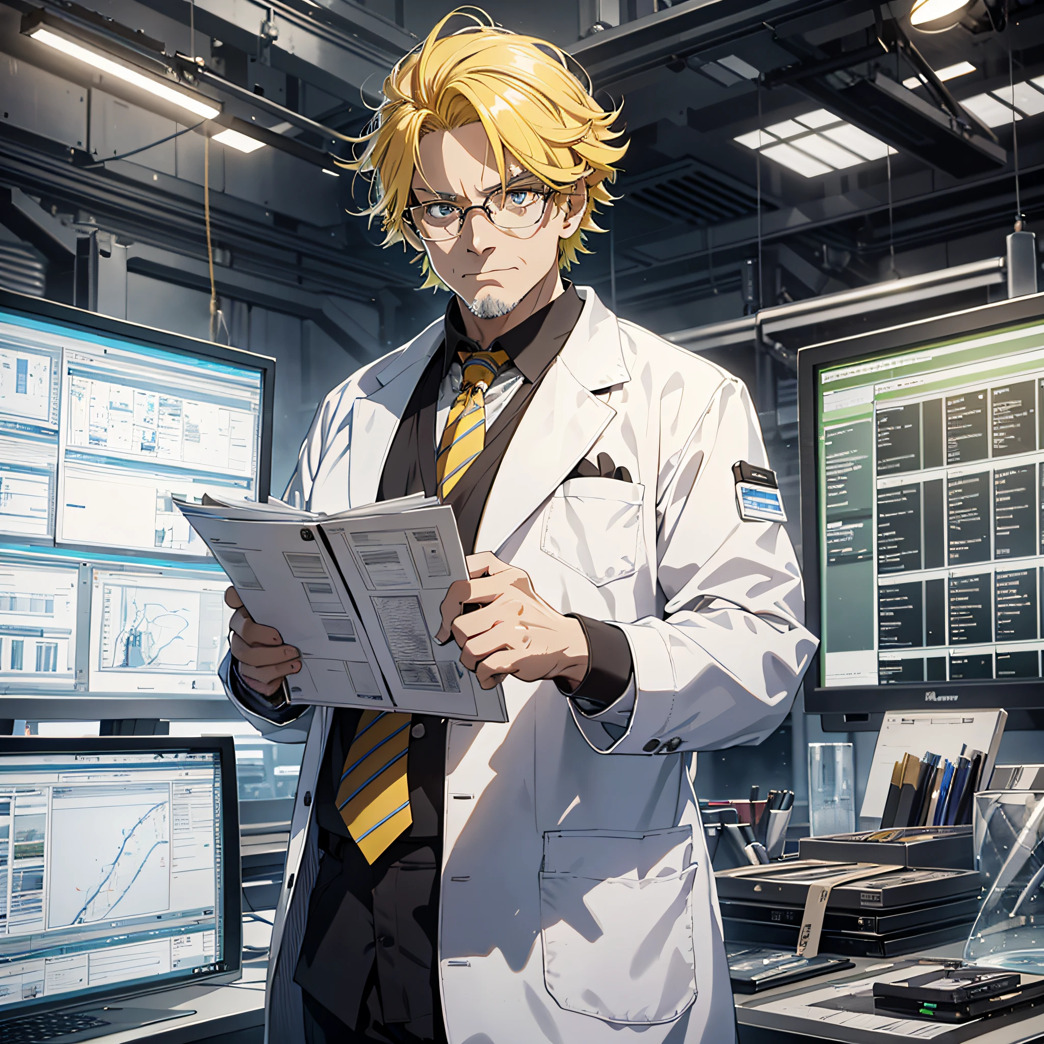 A middle-aged man dressed as a scientist, with yellow hair, holding drawings, with a very arrogant expression, and a large scientific research institute with many large screens in the background