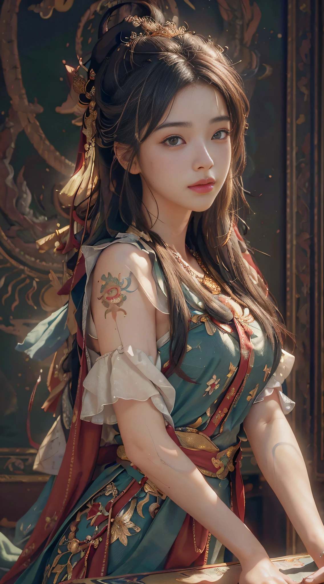 (RAW photo, best quality), (realistic, photo-realistic:1.3),best quality,highly detailed,masterpiece,ultra-detailed,illustration,1girl,upper_body,dynamic angle,world masterpiece theater,messy_long_hair,best quality,extremely detailed CG unity 8k wallpaper,ink,Amazing,cinematic lighting,lens_flare, dunhuang_style