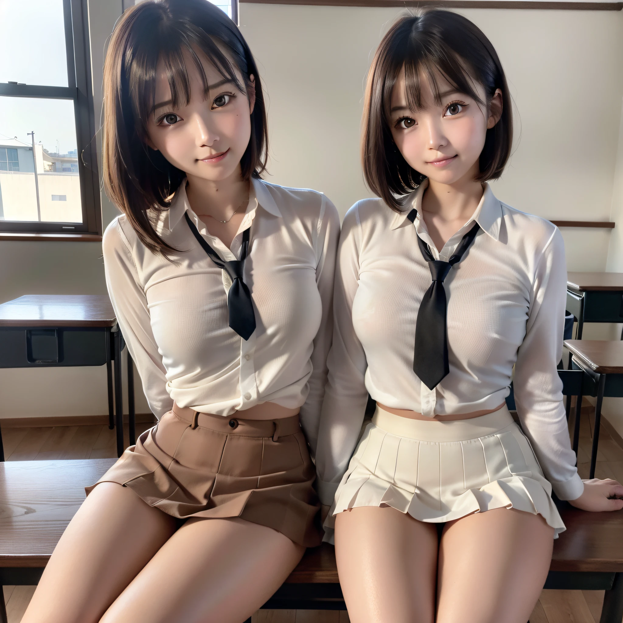 RAW Photo, 8K, Photorealistic, High Resolution, Depth of Field, Chromatic Aberration, Solo, Single Girl, Beautiful Schoolgirl, Perfect Slender Figure, Cheerful Smile, Light Brown Short Bob, White Skin, Glossy Skin, Natural Makeup, Big Round Breasts, School, Sitting on Classroom Desk, School Uniform, Cute Ribbon Tie, White Shirt, Black Tight Mini Skirt