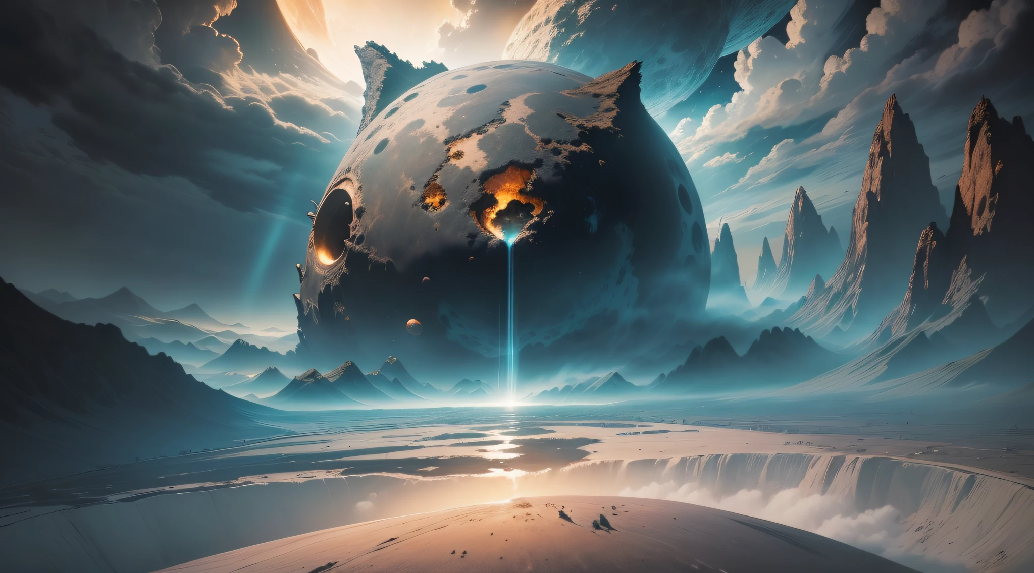 (masterpiece), (high quality), (ultra-detailed details), outer space, (view of the curvature of the planet), (dynamic angle), (colossal monster emerging from a crater), (dramatic lighting), (shadow effects), (dark atmosphere), (mysterious lights), (volumetric clouds), (space-style filter),(8K resolution height)