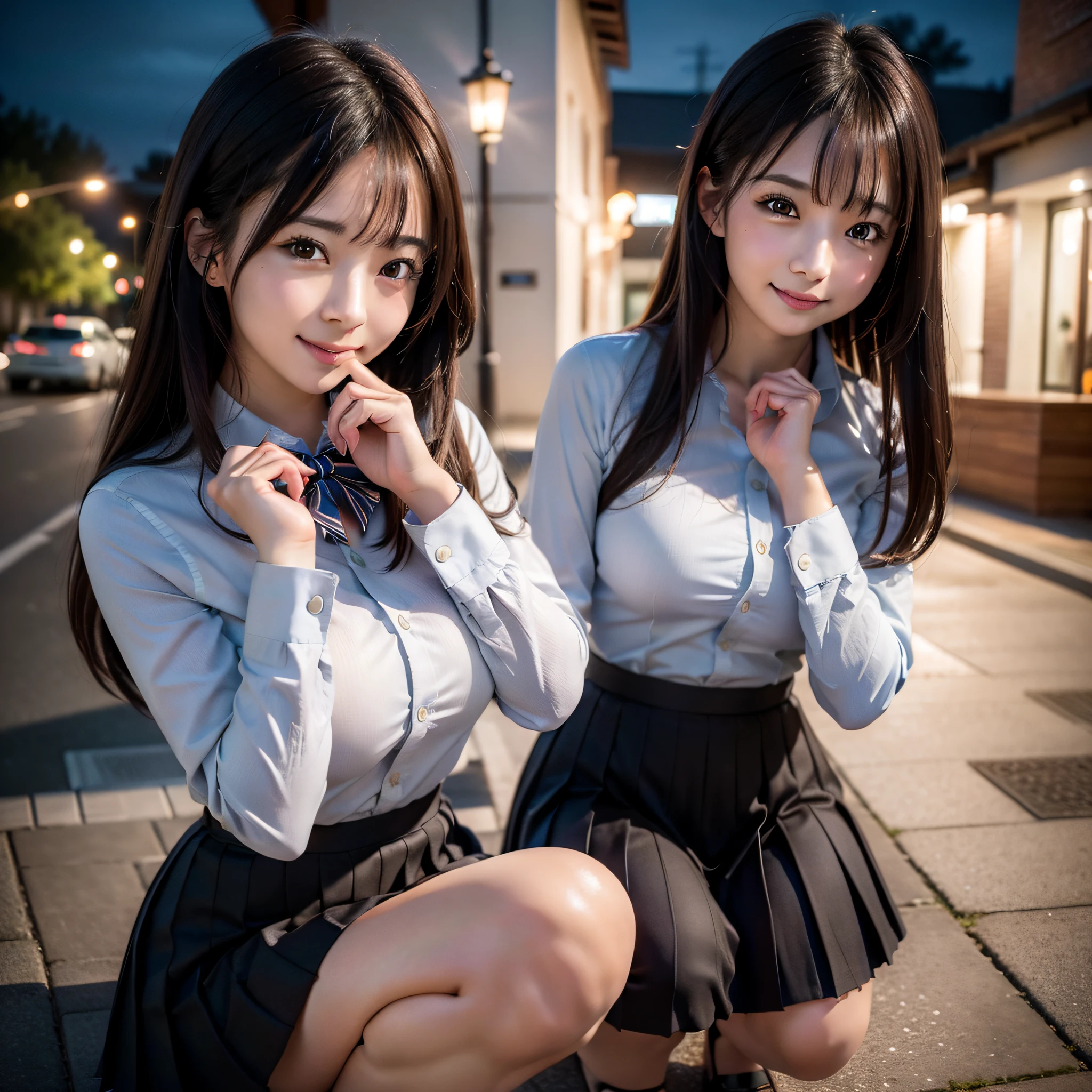 (8k, RAW photo, best quality, masterpiece: 1.2), (realistic, photo-realistic: 1.37), ultra-detailed, 1 girl, cute, solo, beautiful detailed sky, detailed coffee, night, deserted street, (flushed nose), (smile: 1.1), (mouth closed), medium breasts, beautiful detailed eyes, (collared shirt: 1.1), bow tie, pleated skirt, half squat,