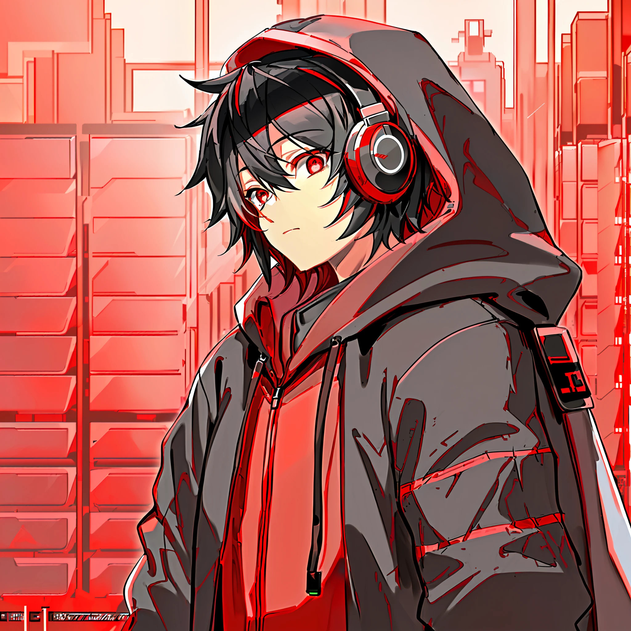(((guy)), male, dude, (using a laptop), (((in a server room)), highly detailed, trends on artstation, listening to music, red headphones, black hoodie, hat, programming, (red eyes), (red and black palette)), (very short black hair, red highlights), intricate, sleepy people, eyes looking out of camera