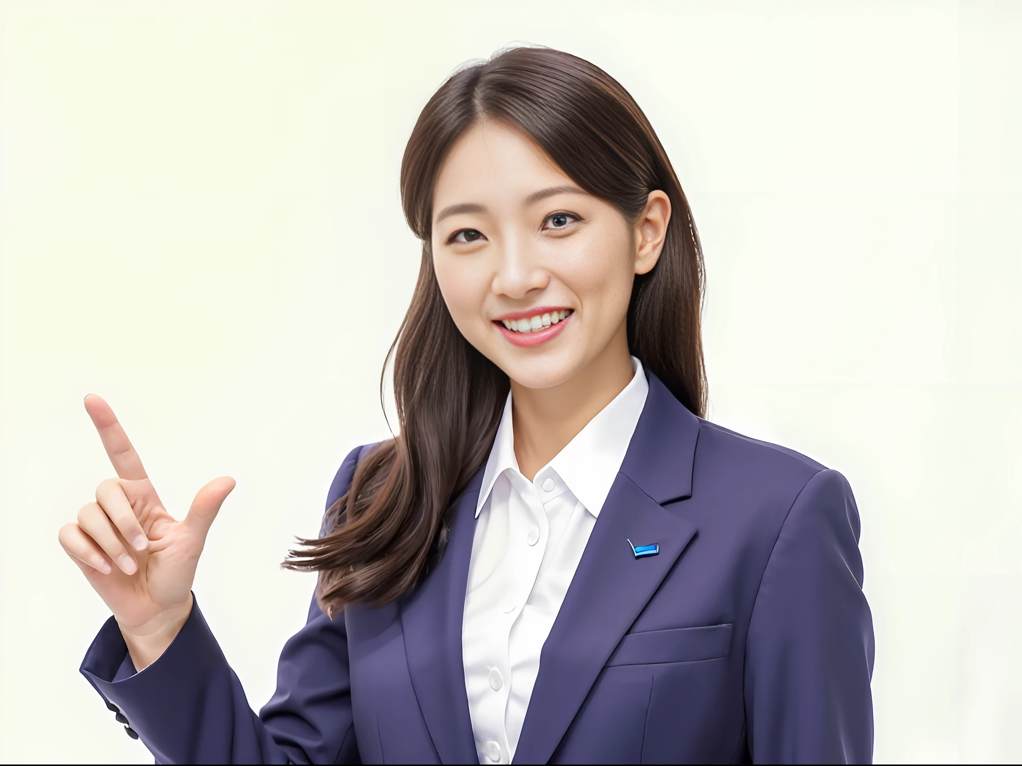 ((Best Quality)), ((Masterpiece)), (Details:1.4), Smiling woman in white shirt and black business suit, showing victory sign with one hand, Five-fingered neatly trimmed hands, black business suit, black hair, Japan woman, Young business woman, Professional profile picture, young asian young woman, Korean girl, beautiful young Japan woman, professional profile picture, young asian woman, Woman in business suit, Beautiful Japan woman, Girl in suit, Asian woman, white background, white background