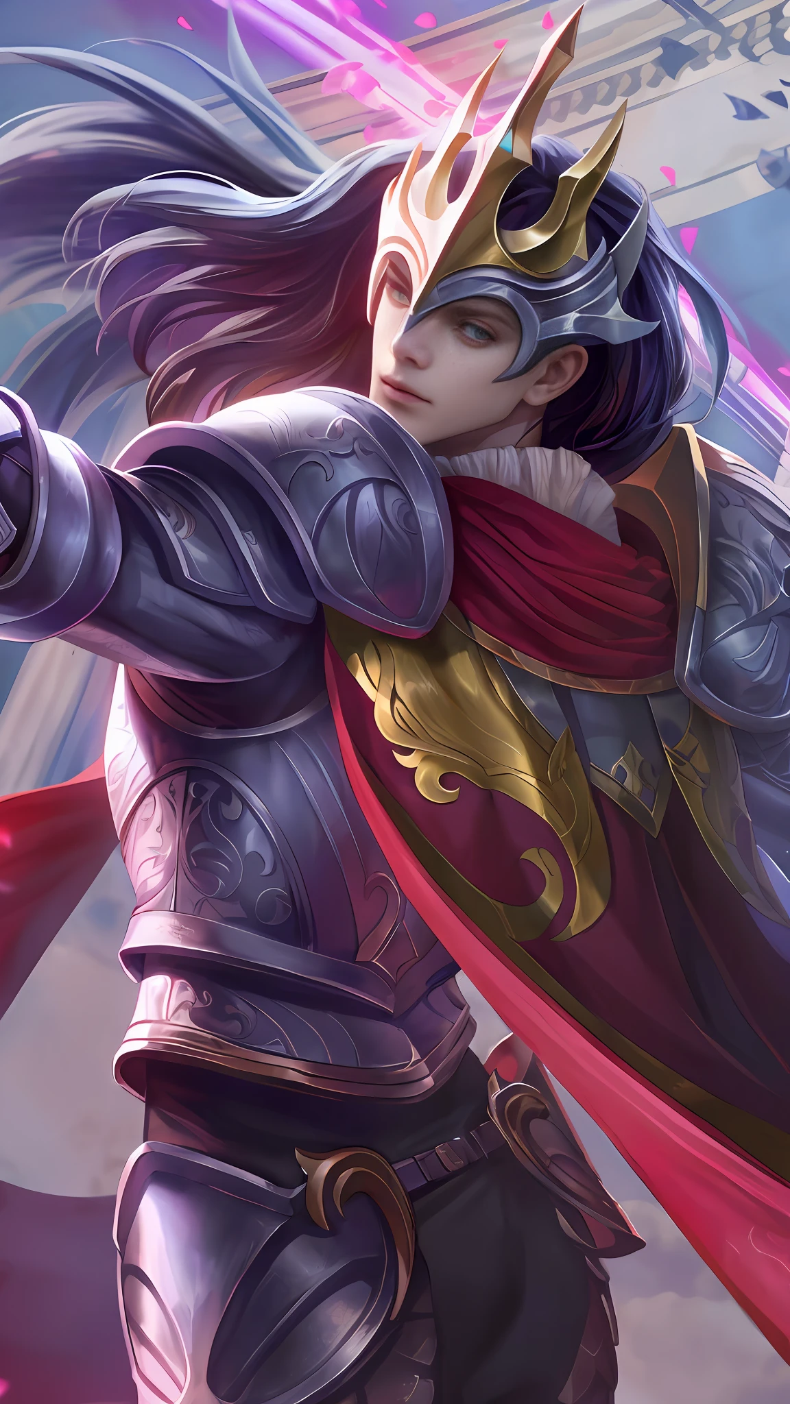 (Absurdres, Intricate Details, Masterpiece, Best Quality, High Resolution, 8k), 1 male, thin, young, aged up, masked, finely detailed eyes and face, auburn low-fade hair, amber eyes, portrait, looking at viewer, solo, half shot, detailed background, (light fantasy theme:1.1), focusing, mercenary, sunshine, floating scraps, color plate armor, divine aura, bright realistic lighting, marble castle, intense atmosphere, circlet, coat of arms, brazier, , Depth of Field, VFX. wear an eyepatch