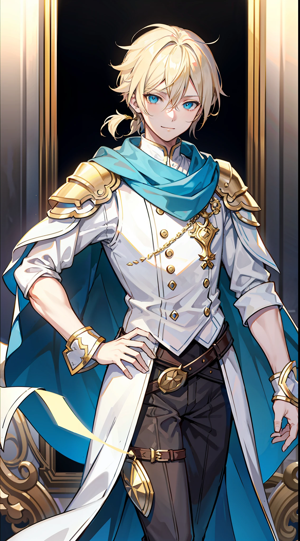 a drawing of a man with blonde hair and blue eyes, boris valejo. octopath traveler, victor, by Pu Hua, by Yuumei, vergil, octopath traveler, gold and white cloak, long luxurious light blond hair, by Muqi, bishounen, fantasy art smug smile man, rossdraws pastel vibrant, white and gold color palette