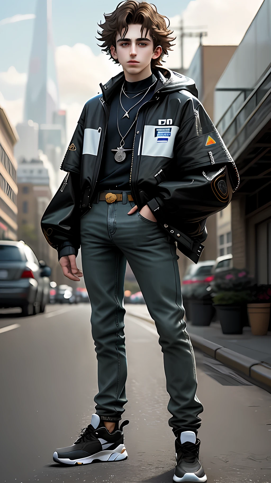 detail hair, different hair color color, thin, cigarette, broken knuckles, pale, tired, depression, gopnik, full body, fullbody, anime style, ((concept art)), Breathtaking, Detailed shade, a man with necklace posing for a picture, timothee chalamet, portrait of timothee chalamet, he has short brown hair, taken in the early 2020s, middle part haircut, beautiful androgynous prince, finn wolfhard, delicate androgynous prince, declan mckenna, beautiful boy, plane color blurred background
