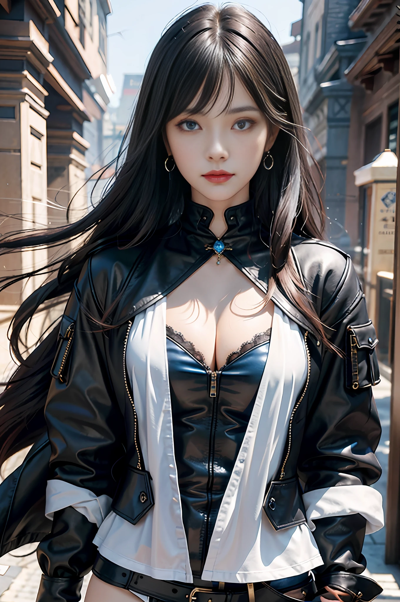 masterpiece, best quality, 1woman, adult, female focus, solo, long black hair, vibrant blue eyes, looking at viewer, closed mouth, bangs, Fantasy aesthetics, Highly detailed, shadowverse style, leather coat, sapphire jewelry hairpin