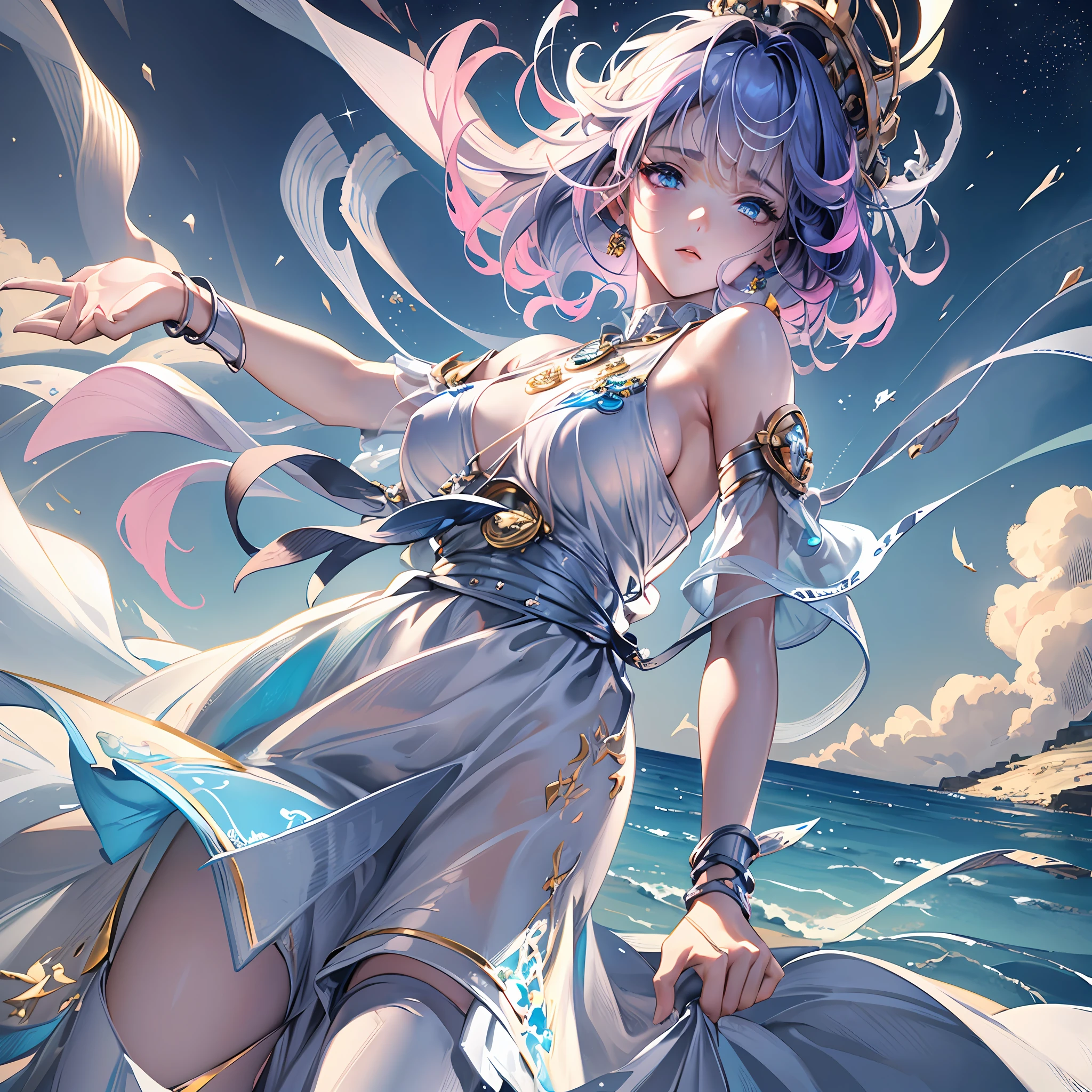 (masterpiece), (best quality), (yellow eyes), girl, ((short dark blue hair), (slightly curly hair), (M bangs), (white dress), starry sky, ocean, wind, expressionless, holding water
Sound limbs, meticulously depicted, delicate, (meticulously depicted eyes), aesthetic, (colorful), ((top quality)), ((exquisite cg)), (highest resolution)), ((masterpiece)), (masterpiece), ((detailed facial depiction)), fine hair, delicate portrayal, ((illustration)) pink hair, short ear-length hair, blue eyes, gray mechanic clothing, natural, reliable, crazy, confident, futuristic,, blue hair, Golden eyes, turquoise off-the-shoulder dress, blue shoulder straps, white armbands, long sweatpants, thoughtful, melancholy, feminine,, --auto --s2