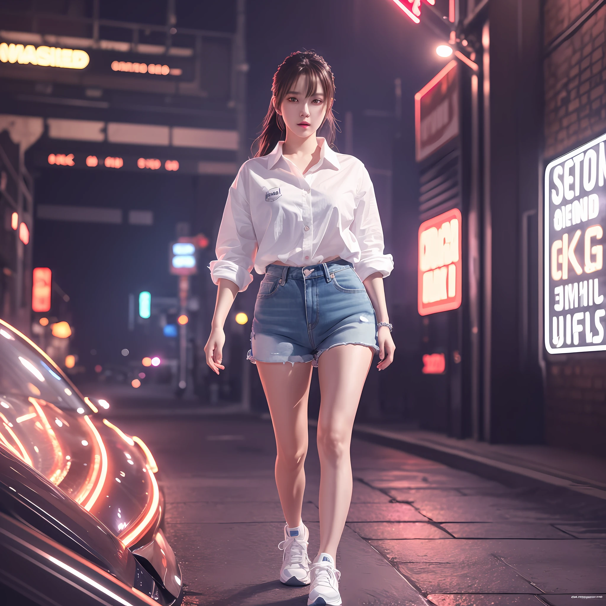 Masterpiece, best quality, high quality, very detailed CG unified 8k wallpaper, gorgeous white shirt, super shorts, a beautiful moving woman walking under neon lights