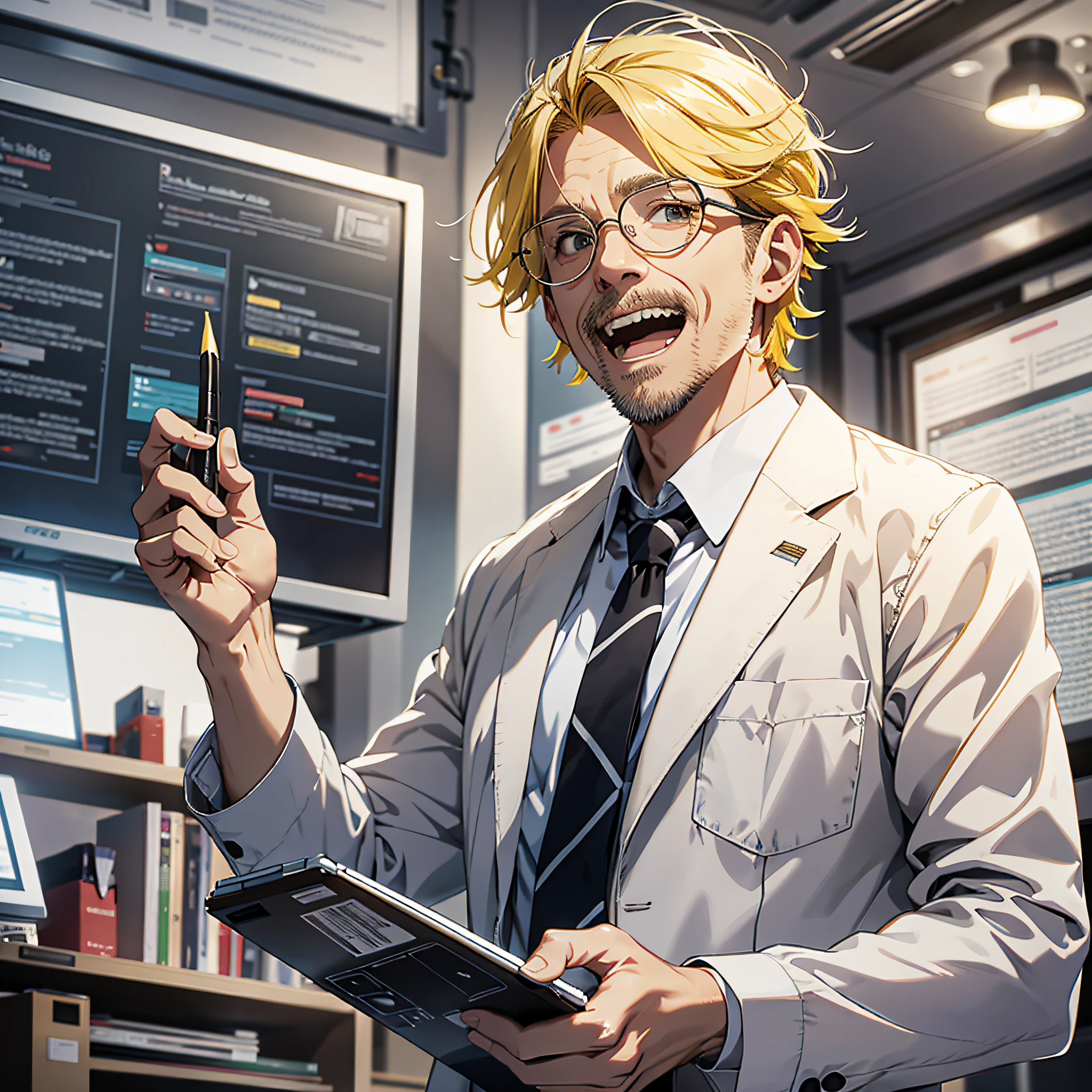 A middle-aged man dressed as a scientist, with yellow hair, holding a drawing, a very arrogant and proud expression, opening his mouth and laughing, and the background is a large scientific research institute with many large screens
