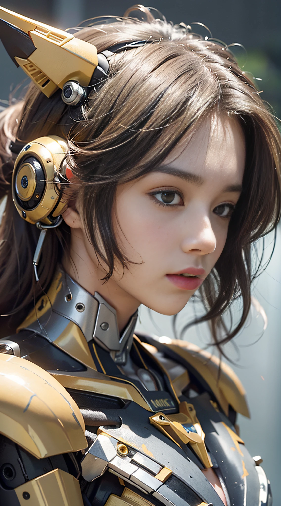 Masterpiece, highest quality, crazy details, exquisite facial portrayal, ((yellow mecha suit)), 8K resolution, delicate face, cute peerless beauty, delicate and translucent eyes, silver messy hair, ruins, bumblebee mecha behind it, (brilliant light and shadow), soft focus, real shadow, 8K HD, full body shot, depth of field, beautiful smooth collarbone, medium chest, super clear