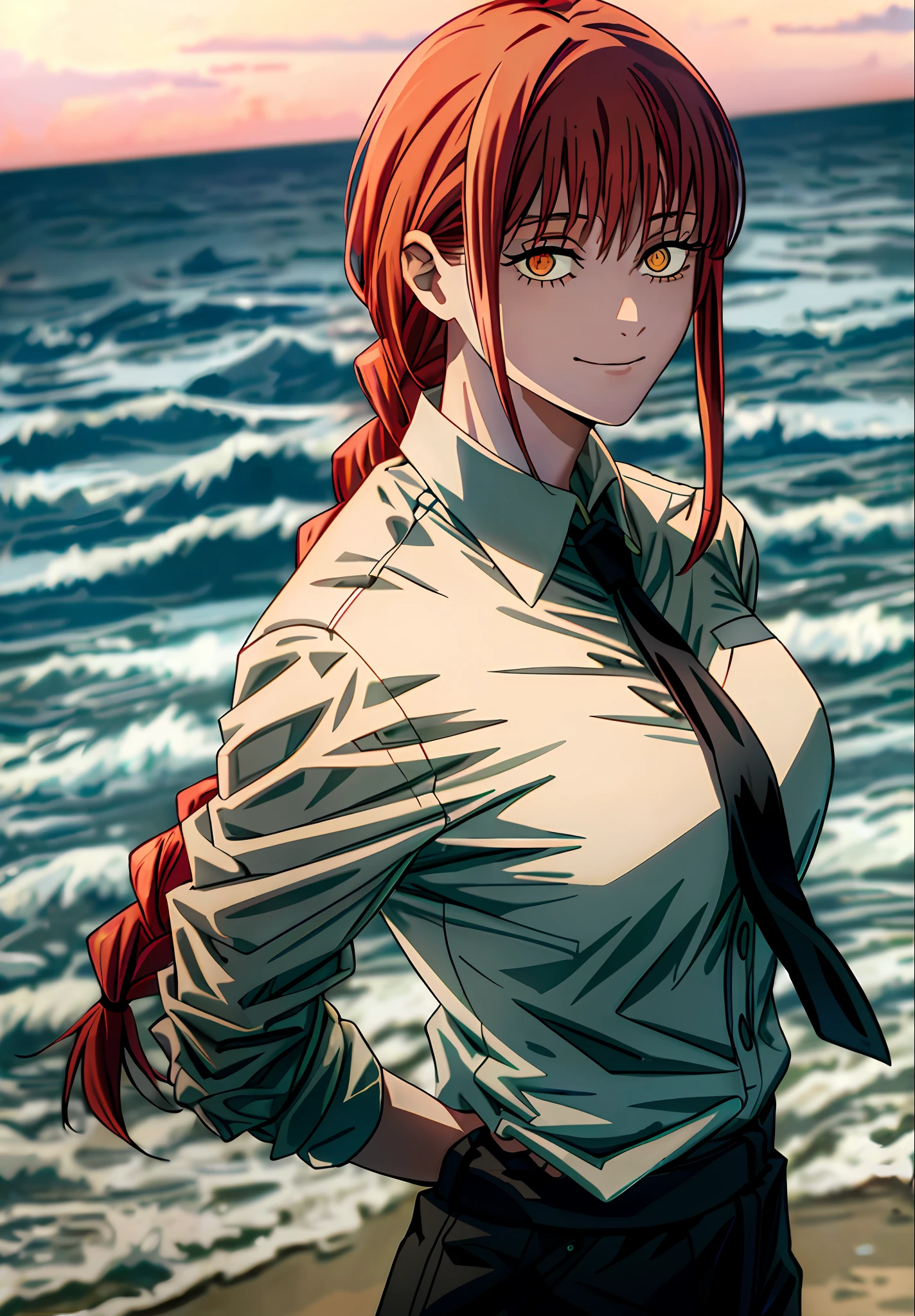 Close-up ,best quality,masterpiece,ultra-detailed,1girl,Makima (Chainsaw Man\), Top Quality, Ultra Detailed, One Girl, Solo, Standing, Reddish Pink Hair, Long Braided Hair, Golden Eyes, Bangs, Large Breasts , White Shirt, Tie, Starer, Smile, (Evil:1.2), View Viewer , (Interview: 1.3), Makima (Chainsaw Man), (Sea Background), Upper Body, Black Pants