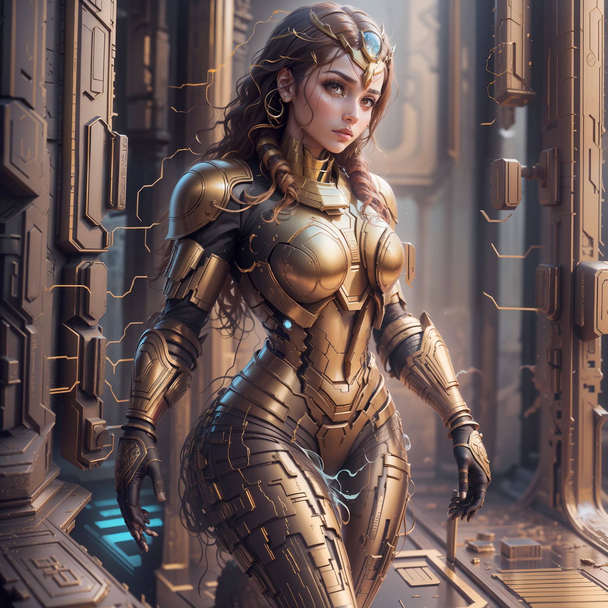 an Egyptian-style irom-woman, with a golden and red iron man armor, pharaoh style, masterpiece, 1 young, physics-based render, ultra highres, narrow waist, thin, incredibly fluid smoke, detailed intricate, light particles, muted color, wet floor reflections, translucent, complex, symmetrical, sharp focus, perfect, model, close-up, textured, looking at the camera, In the background, Futuristic landscapes of Egypt echo its modern and dynamic essence, while reflections of light and shadows enhance every meticulously crafted detail.