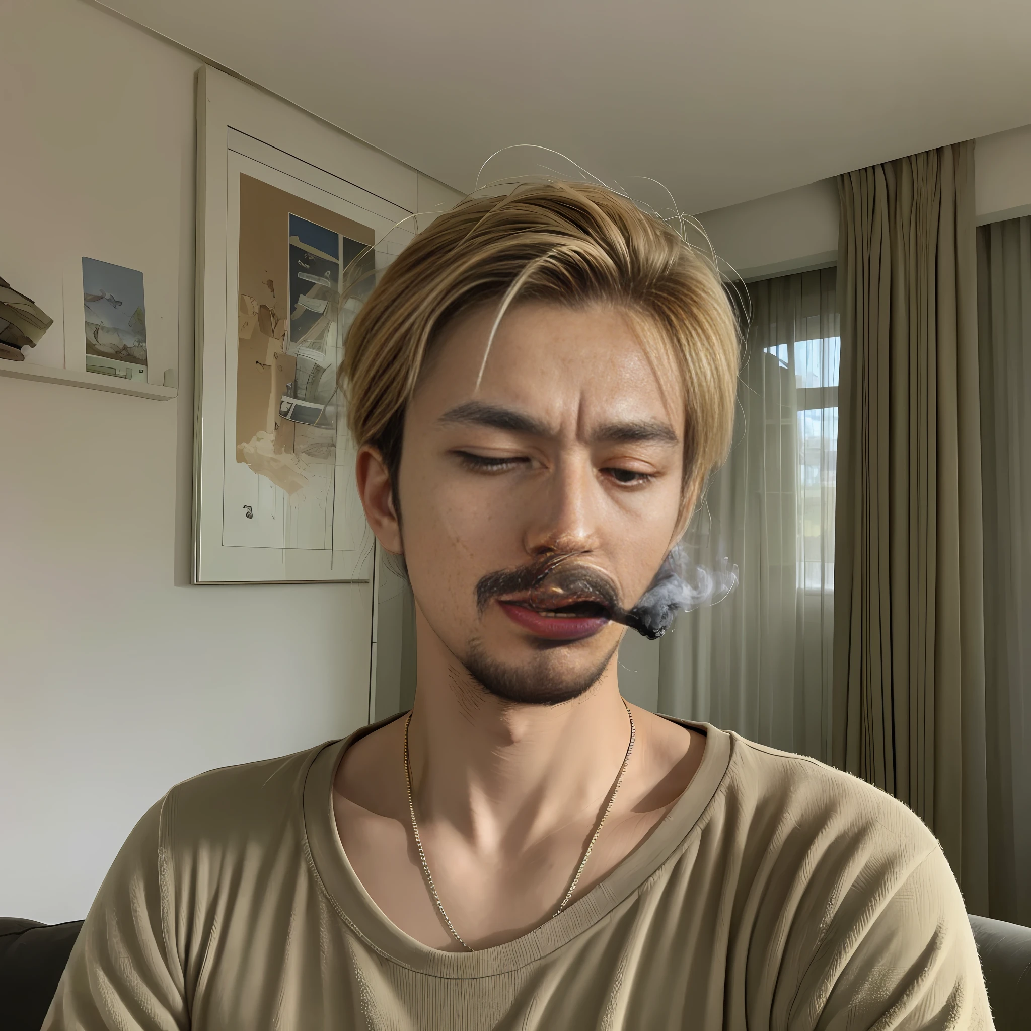 sofa in room, man blowing cannabis, large amount of smoke coming out of his mouth, super high image quality,