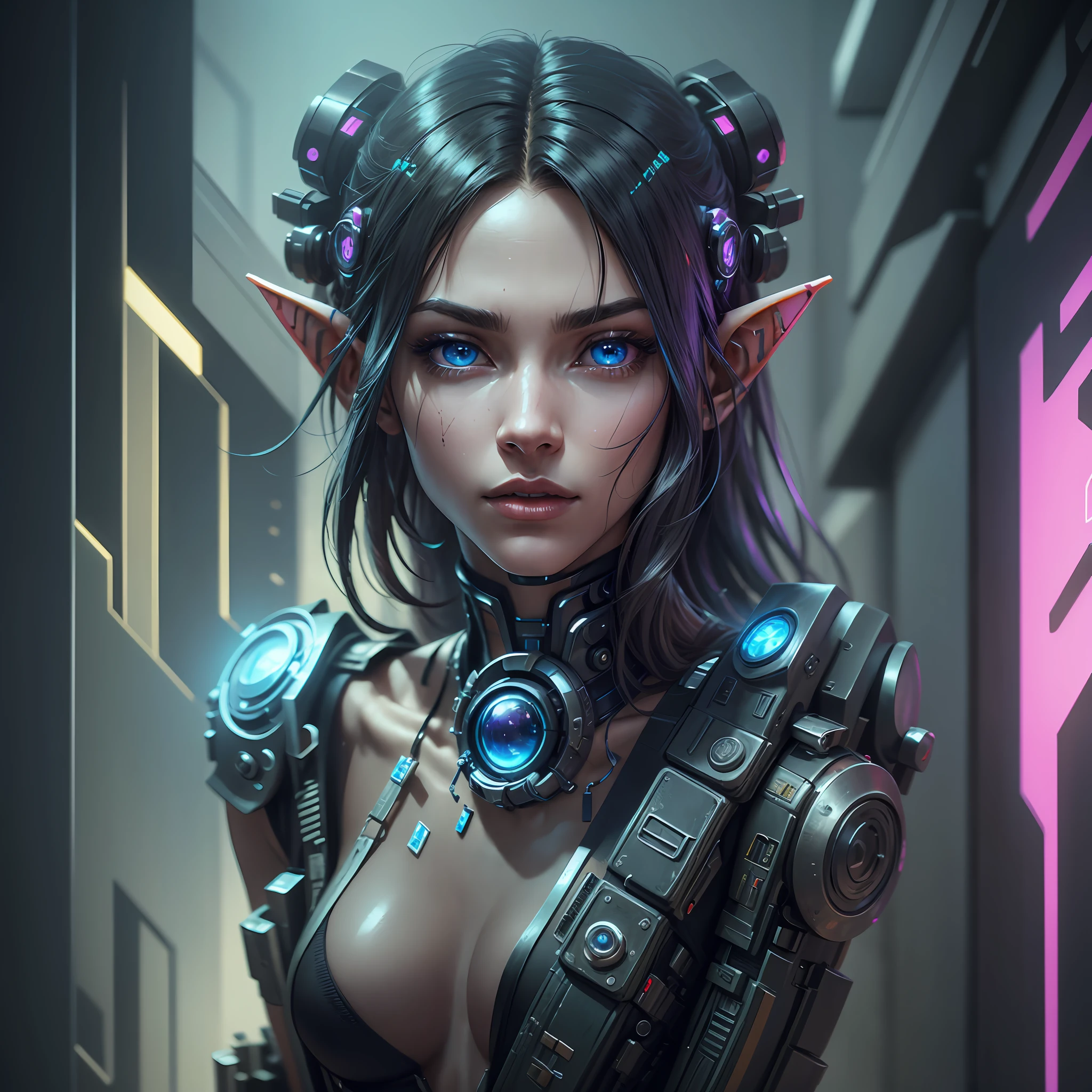Solo, masterpiece, realistic, cyberpunk, 8k, an attractive elf with body parts made of metal, mechanical arms, mechanical eyes, depth, realistic image --auto --s2