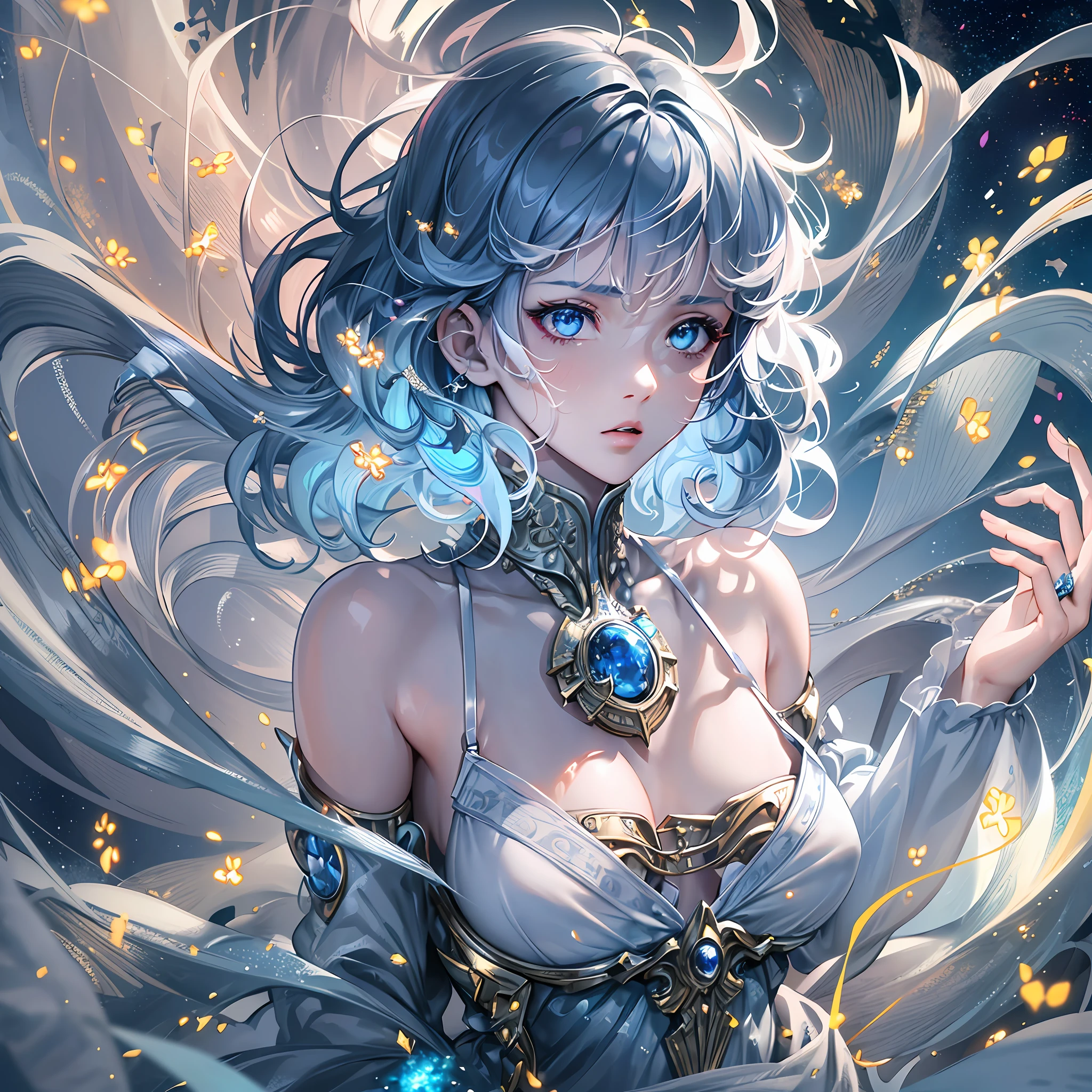 (masterpiece), (best quality), (yellow eyes), girl, ((short dark blue hair), (slightly curly hair), (M bangs), (white dress), starry sky, ocean, wind, expressionless, holding water
Sound limbs, meticulously depicted, delicate, (meticulously depicted eyes), aesthetic, (colorful), ((top quality)), ((exquisite cg)), (highest resolution)), ((masterpiece)), (masterpiece), ((detailed facial depiction)), fine hair, delicate portrayal, ((illustration)) pink hair, short ear-length hair, blue eyes, gray mechanic clothing, natural, reliable, crazy, confident, futuristic,, blue hair, Golden eyes, turquoise off-the-shoulder dress, blue shoulder straps, white armbands, long sweatpants, thoughtful, melancholy, feminine,, --auto --s2