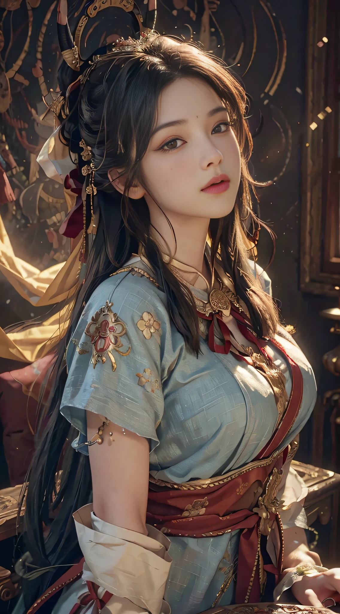 (RAW Photo, Best Quality), (Realistic, Photo Realistic: 1.3), Best Quality, Highly Detailed, Masterpiece, Hyper Detail, Illustration, 1 Girl, upper_body, Dynamic Angle, World Masterpiece Theater, messy_long_hair, Best Quality, Extremely Detailed CG Unity 8k Wallpaper, Ink, Amazing, Cinematic Lighting, lens_flare, dunhuang_style, (Big Tits: 1.4), Sexy