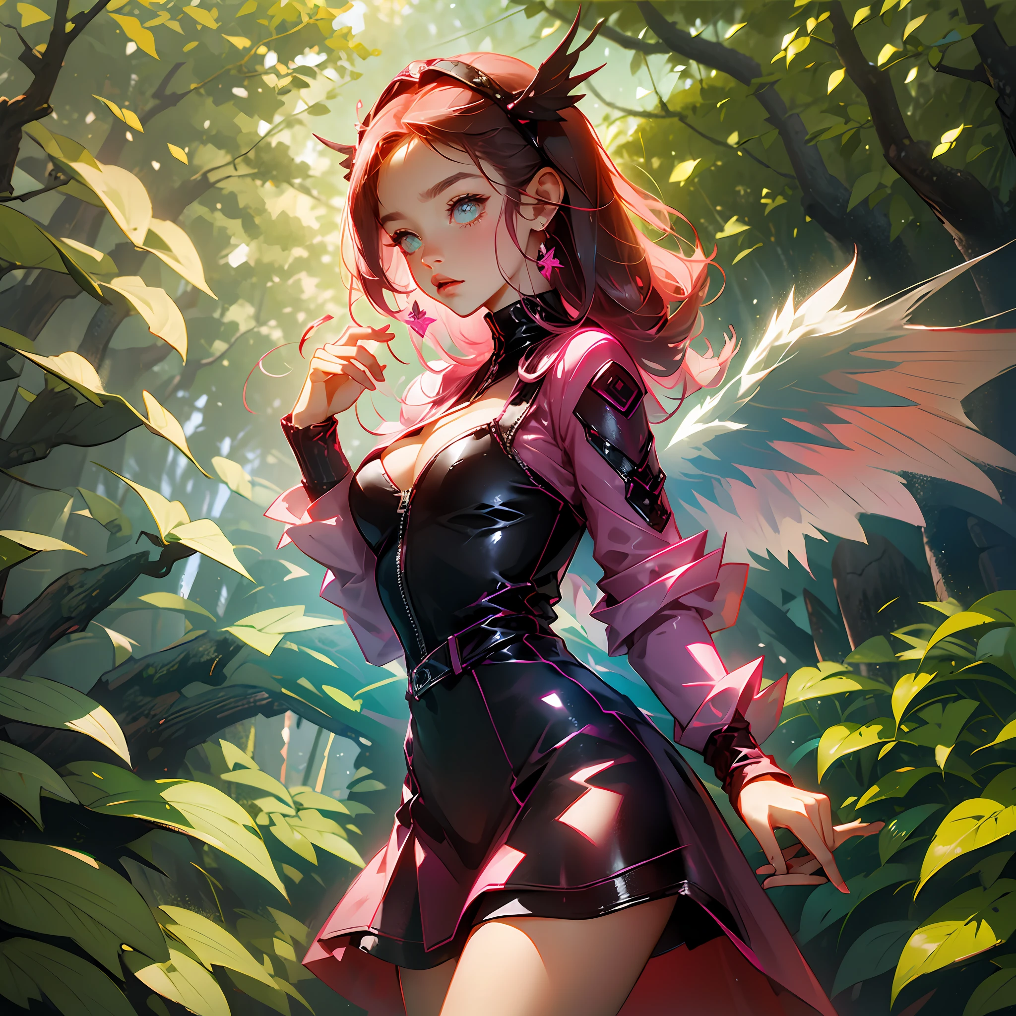 a girl in a leather dress stuck to her body in pink, with wings, with forest background --auto --s2