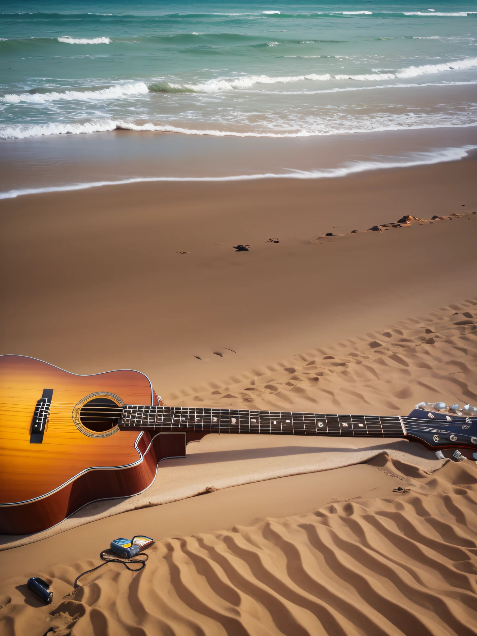 guitar lying on the empty beach, no people --auto --s2