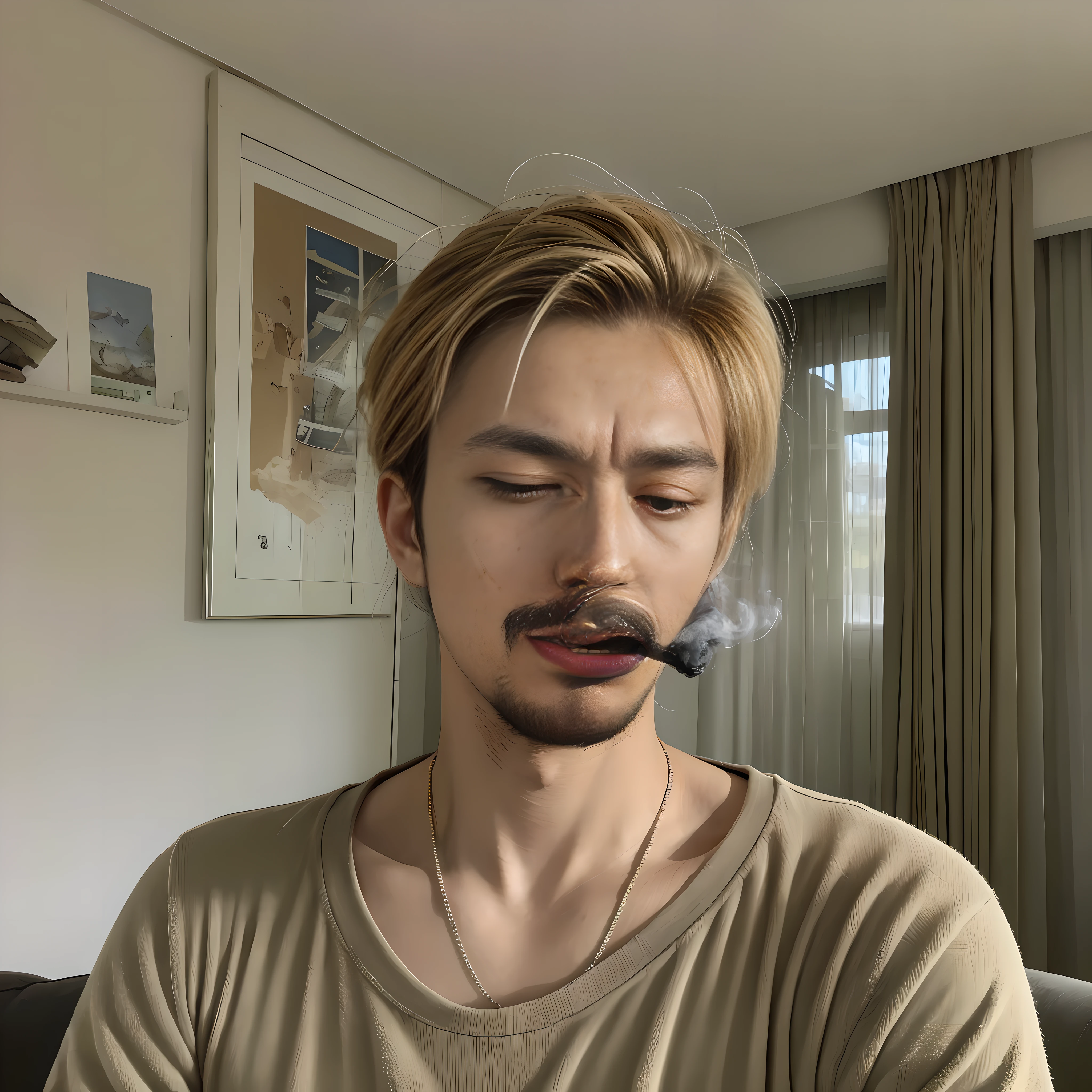sofa in room, man blowing cannabis, large amount of smoke coming out of his mouth, super high image quality,