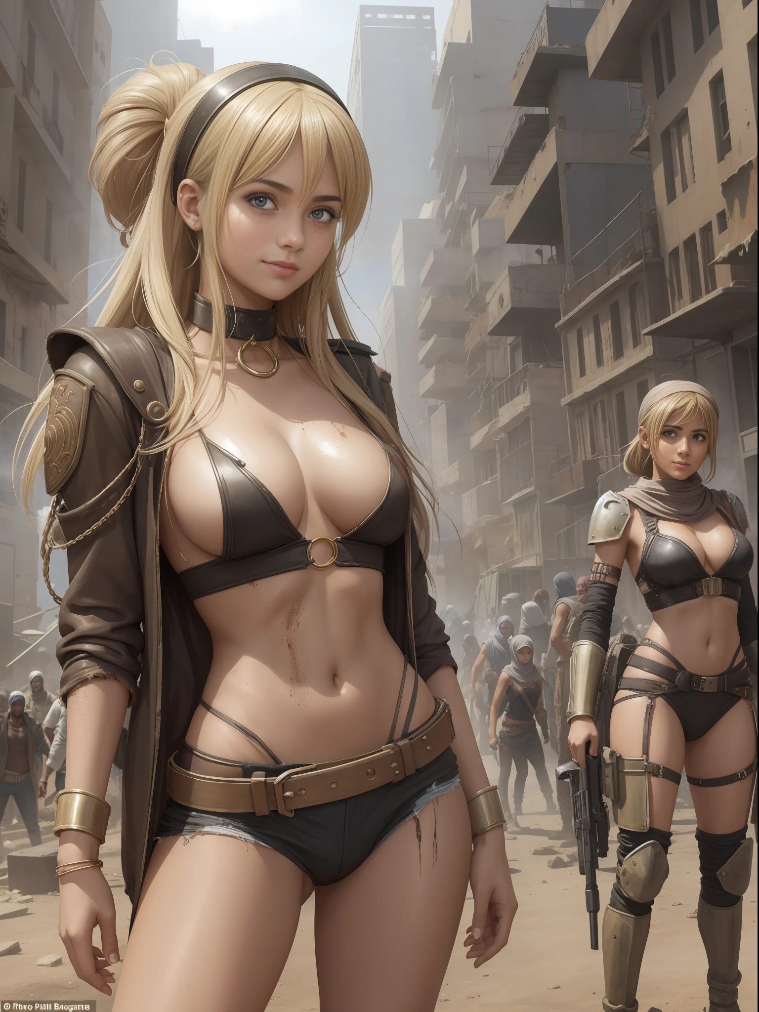 Future apocalyptic Latin female refugee, (18 years old), named Naomi Woods, beautiful face, looking at the audience, blurred background, upper body, extremely thin , thin waist, petite, bracer, apocalypse, shabby city, filthy, see-through tight and tattered clothes, camel tand smiling, power pose, heat, surrounded by a large group of refugees supporting her --auto --s2