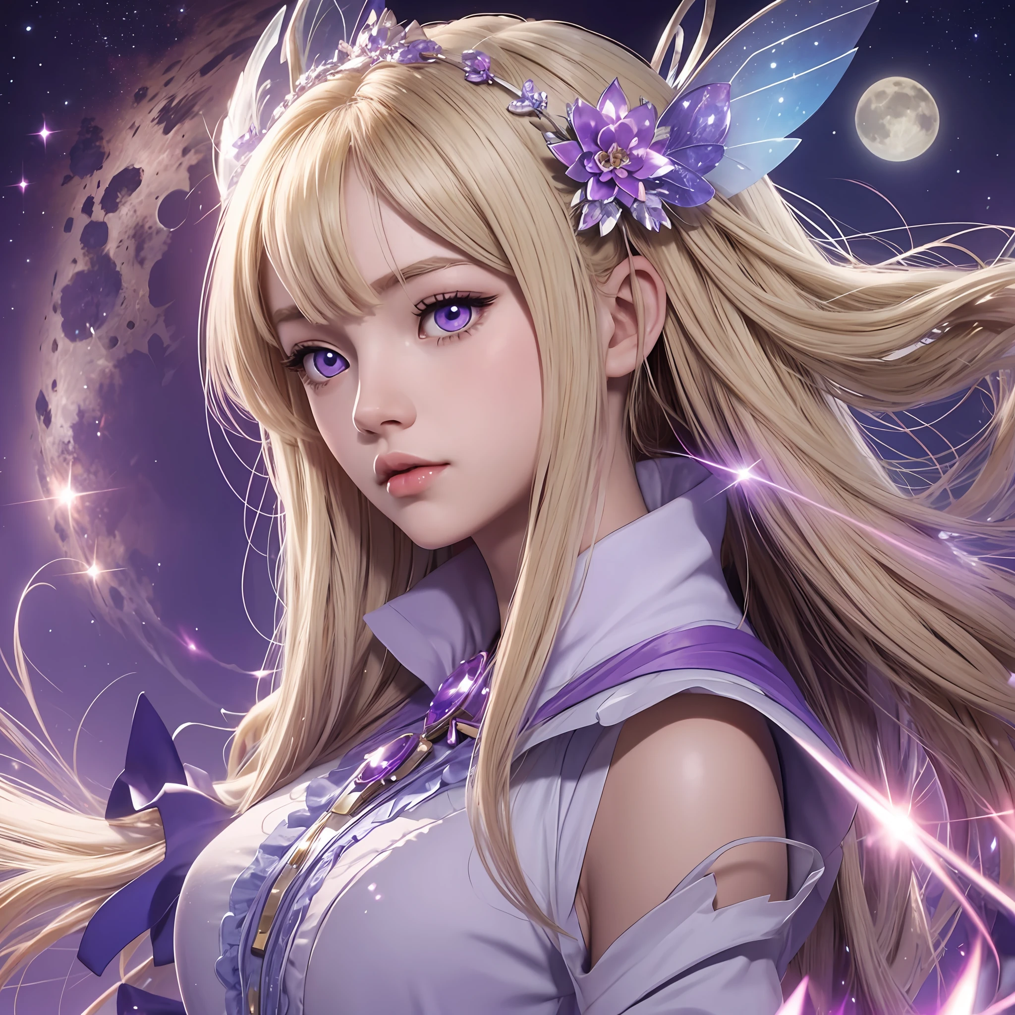 Anime girl with light blonde hair with violet colored eyes, the fairy of moon enchantix transformation winc --auto --s2