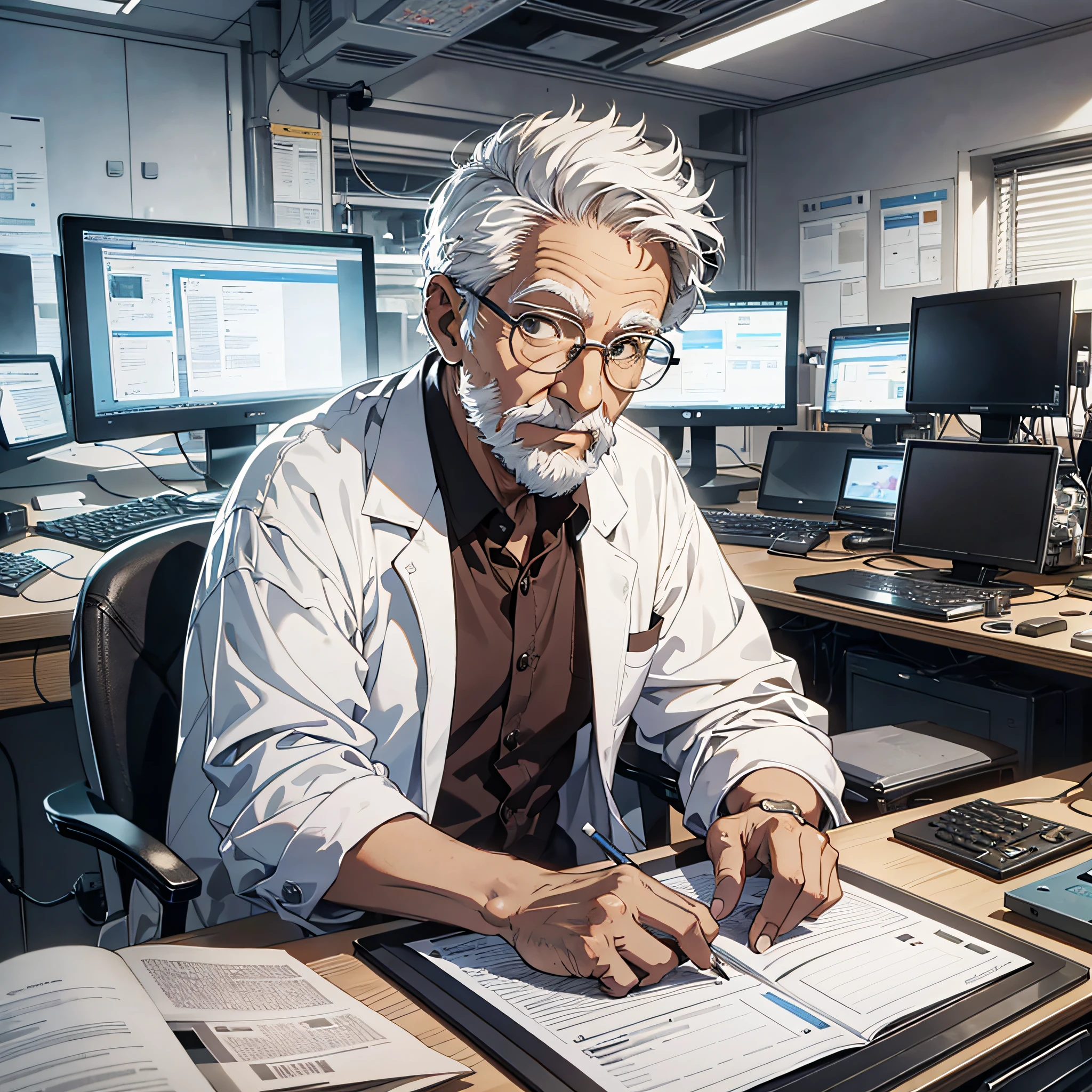 1 old man with short white hair dressed as a scientist, sitting in front of the computer to operate, looking at the computer, the background is a large scientific research institute with many large screens