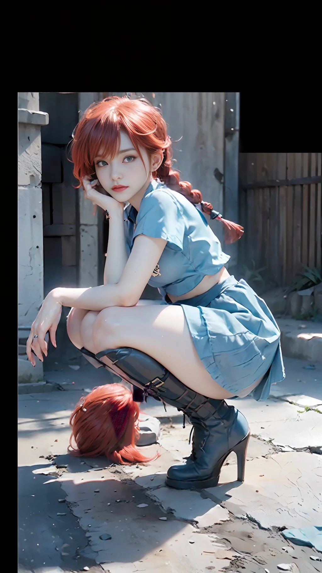 ((Best Quality)), ((Masterpiece)), (detail: 1.4),((Ranma-chan, single ginger braid: 2.1) , ((red hair)), charming smile, leaky belly button, vibrant blue eyes, mini-skirt blue, tangzhuang drenched top, cropped top, looking at the viewer , (excellent detail, outstanding lighting, wide angle), dramatic shadows , ray tracing, NVIDIA RTX, Super Resolution, Unreal 5, Subsurface Scattering, PBR Textures, Post Processing, Anisotropic Filtering, Depth of Field, Maximum Sharpness and Acutance, Multi-Layer Textures, Albedo and Highlight Mapping, Surface Shading, Accurate Simulation of Light-Material Interactions, Perfect Proportions, Octane Rendering, single tone Lighting, Wide Aperture, Low ISO, White Balance, Rule of Thirds, 8K RAW, sfw, visible through the top, erect under the clothes, (extra-fine clothing material), full body pose, ((black boots)), view from ((side)), (perfect ass), (underboob), (hands and knees down)