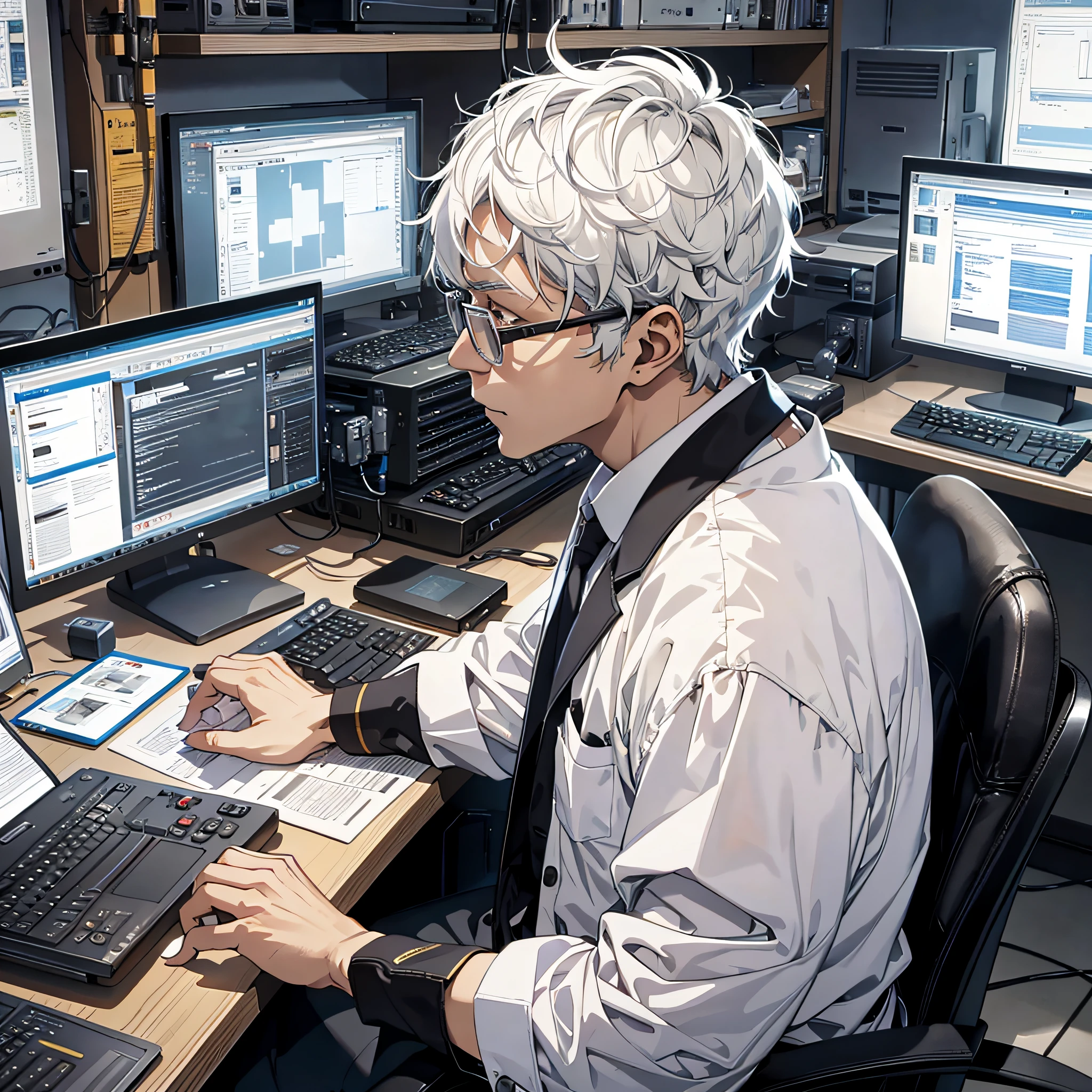 1 old man with short white hair dressed as a scientist, sitting in front of the computer to operate, looking at the computer, the background is a large scientific research institute with many large screens