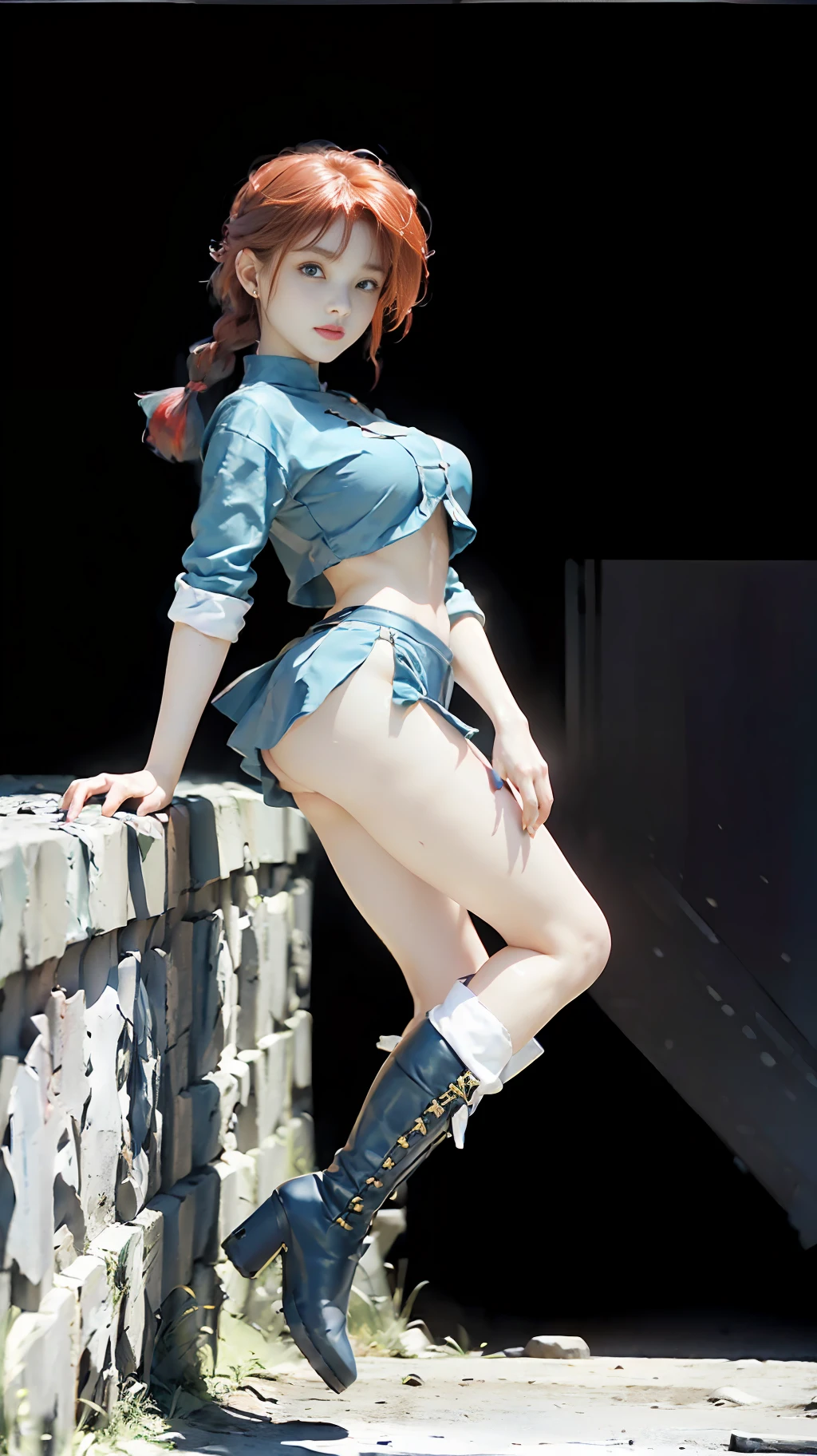 ((Best Quality)), ((Masterpiece)), (detail: 1.4),((Ranma-chan, single ginger braid: 2.1) , ((red hair)), charming smile, leaky belly button, vibrant blue eyes, mini-skirt blue, tangzhuang drenched top, cropped top, looking at the viewer , (excellent detail, outstanding lighting, wide angle), dramatic shadows , ray tracing, NVIDIA RTX, Super Resolution, Unreal 5, Subsurface Scattering, PBR Textures, Post Processing, Anisotropic Filtering, Depth of Field, Maximum Sharpness and Acutance, Multi-Layer Textures, Albedo and Highlight Mapping, Surface Shading, Accurate Simulation of Light-Material Interactions, Perfect Proportions, Octane Rendering, single tone Lighting, Wide Aperture, Low ISO, White Balance, Rule of Thirds, 8K RAW, sfw, visible through the top, erect under the clothes, (extra-fine clothing material), full body pose, ((black boots)), view from ((side)), (perfect ass), (underboob), (hands and knees down)