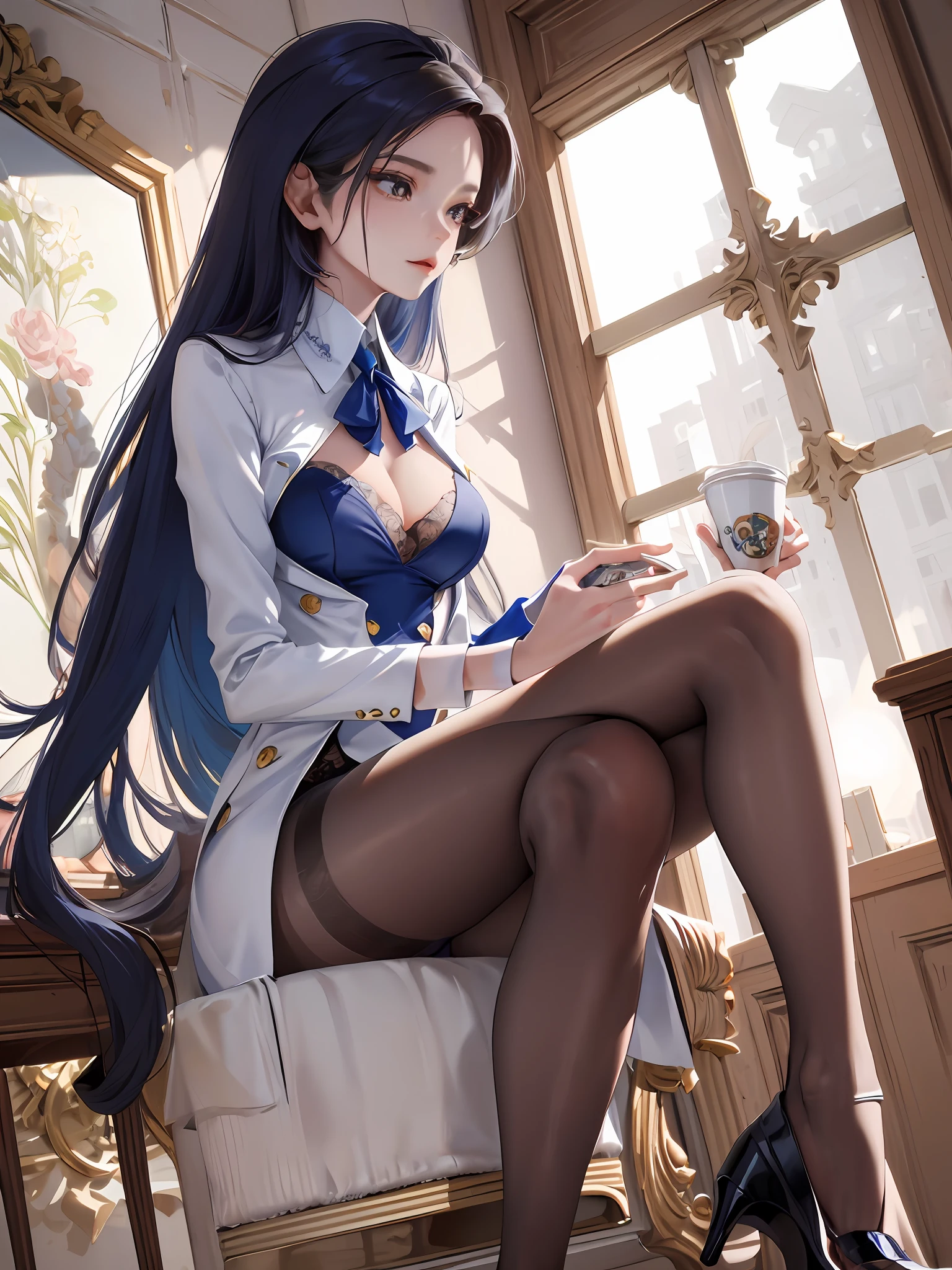 There is an elegant woman sitting on a chair holding a cup of milk tea, delicate and beautiful face, wearing a blue shirt, white suit, open suit, (black stockings, sexy thin stockings), sexy, high heels, by the Seine, very slim legs, beautiful face, crossed legs, thigh shot