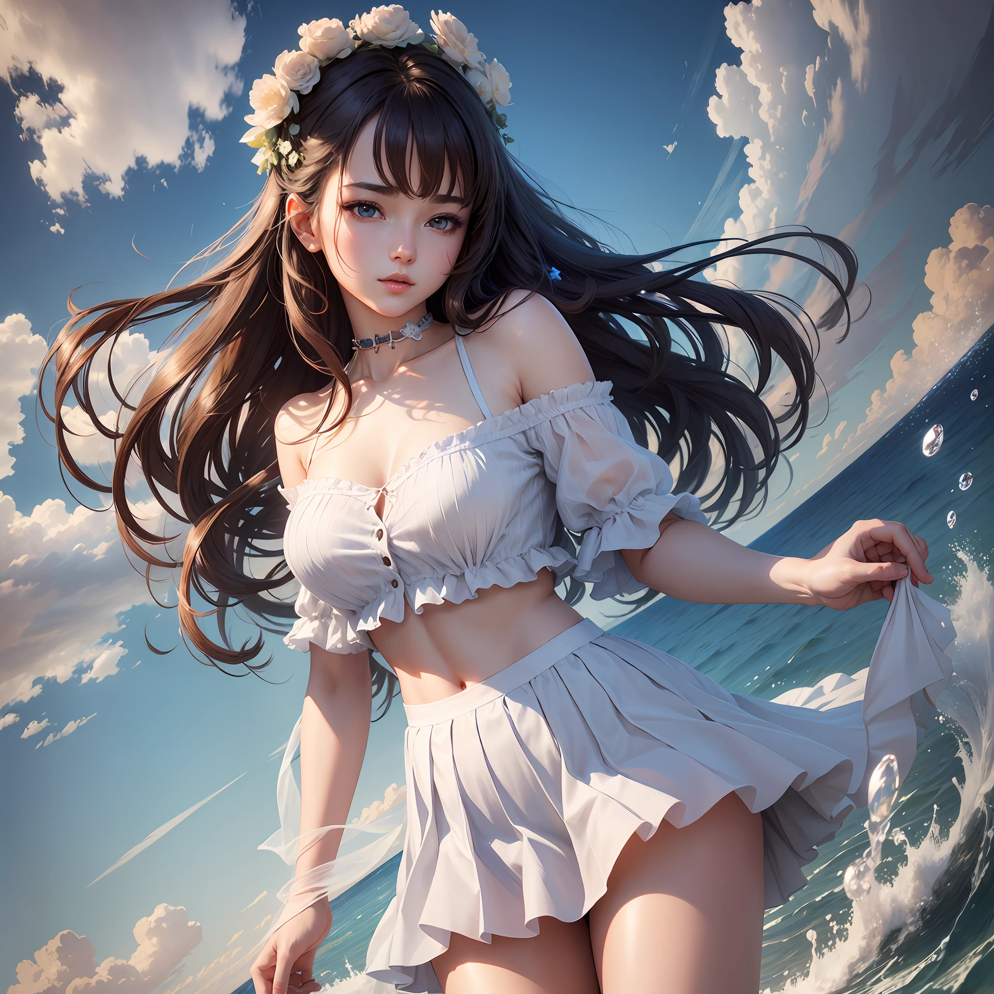 Masterpiece, best quality, high quality, very detailed CG unified 8k wallpaper, beautiful and generous 23 year old girl, delicate collarbone, fresh wind, excellent texture white shirt, sky blue ultra-short pleated skirt, high detail, dramatic, art midway --auto --s2