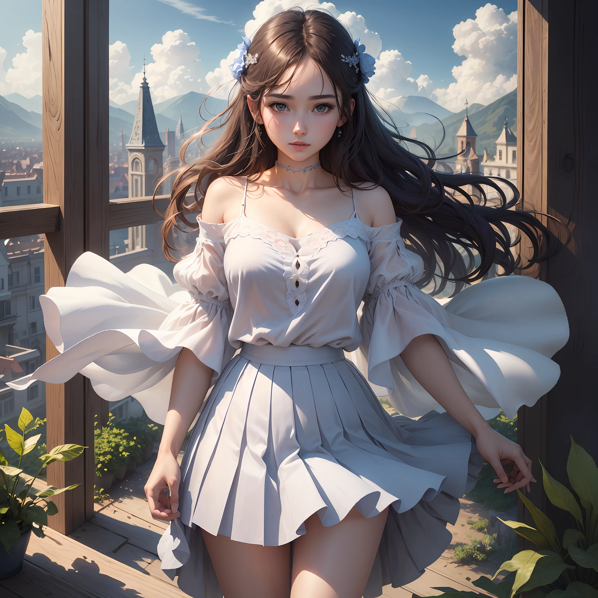 Masterpiece, best quality, high quality, very detailed CG unified 8k wallpaper, beautiful and generous 23 year old girl, delicate collarbone, fresh wind, excellent texture white shirt, sky blue ultra-short pleated skirt, high detail, dramatic, art midway --auto --s2
