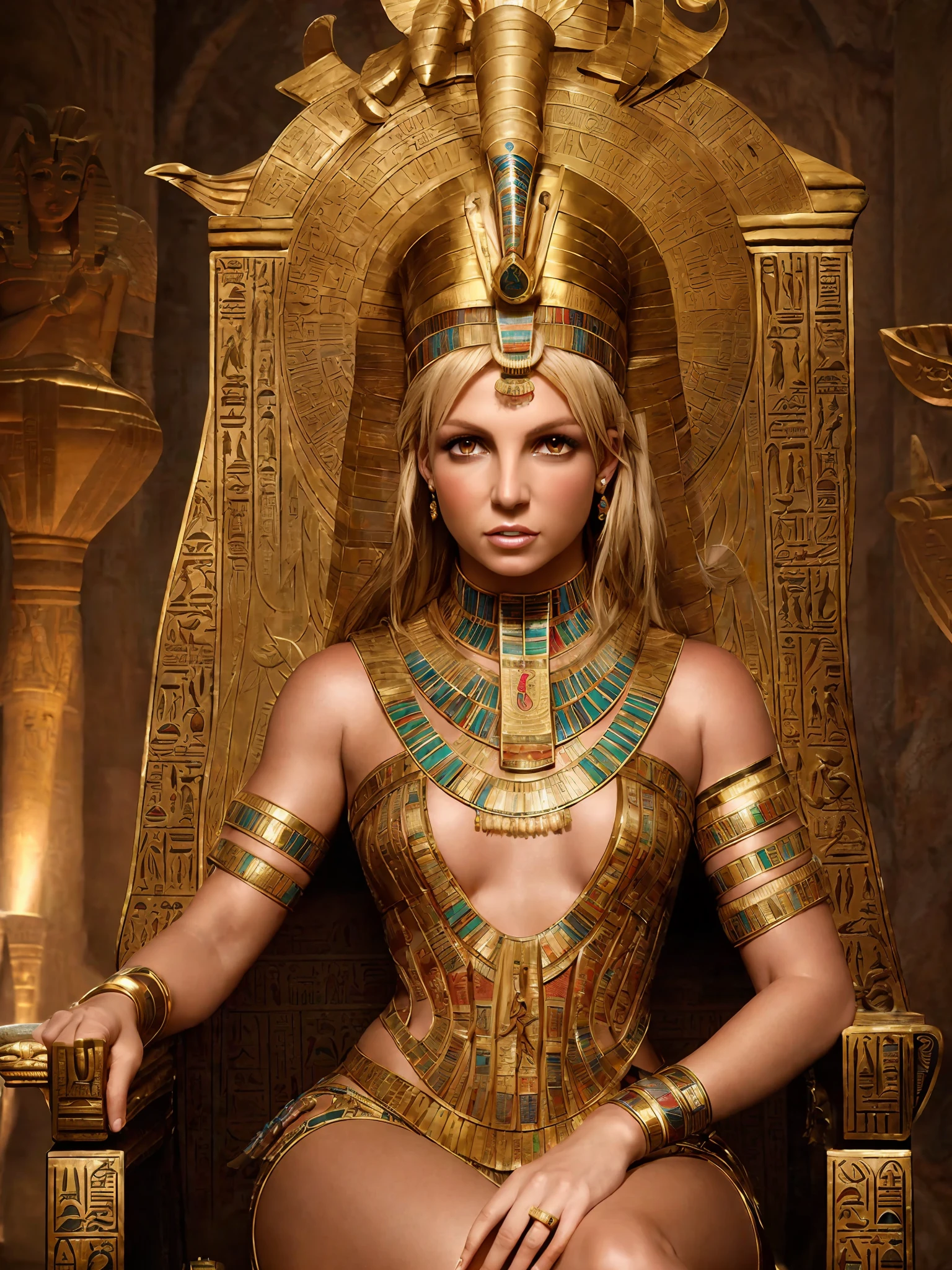 (highly detailed: 1.2),(best quality:1.2),8k,sharp focus,(subsurface scattering:1.1),(nsfw:1.1), (award-winning photo:1.2),1girl (britney spears in detailed Egyptian queen costume:1.3), (detailed ancient egyptian throne room with sandstone and hieroglyphics:1.3), (highly detailed ancient egyptian city:1.2) (very detailed clothes:1.2), (highly detailed background:1.3), RPG, Elden Ring, (ancient Egypt:1.2), (professional portrait photography:1.2), dramatic lighting,artstation, artgerm, greg rutkowski, alphonse mucha, trend in artstation, trend in deviantart, wlop