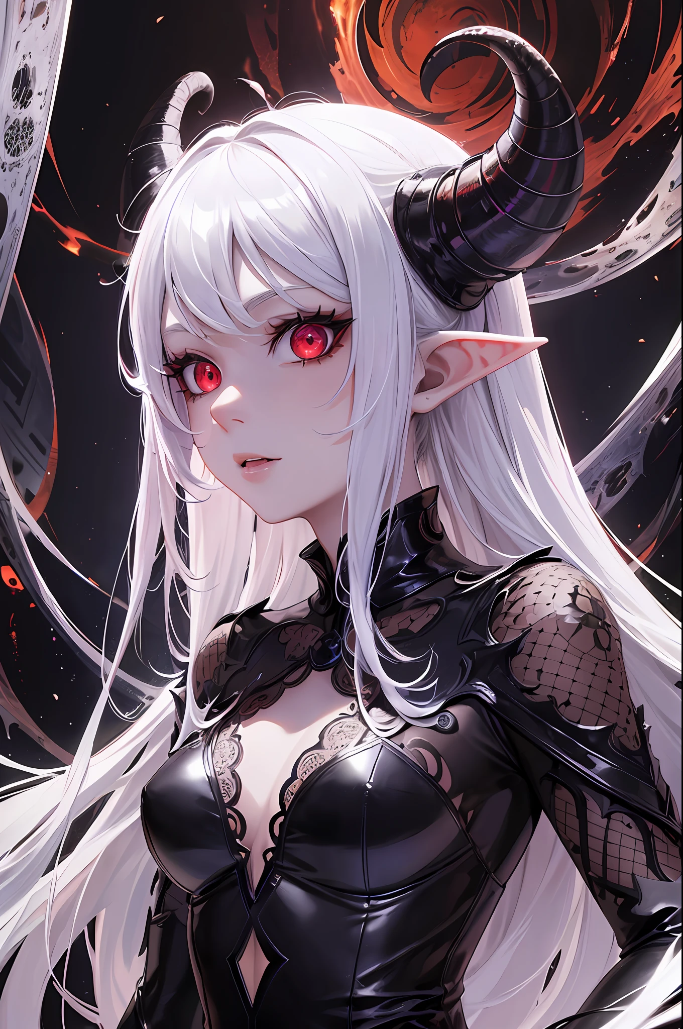 masterpiece, best quality, ultra-detailed, absurdres, colorful, 1girl, solo, (solid red eyes:1.0), (white hair, long hair, straight hair, hair over one eye:1.0), detailed eyes, wide-eyed, eyelashes, (upper body:0.8), monster girl, side view, glowing eyes, tilted head, night, black suit, pointy ears, horror, dark, black background, looking at viewer, crown, high contrast, backlighting, (standing:0.8), aura, fractal background, chaotic, spiral, demon horns, energy, mosaic, inferno